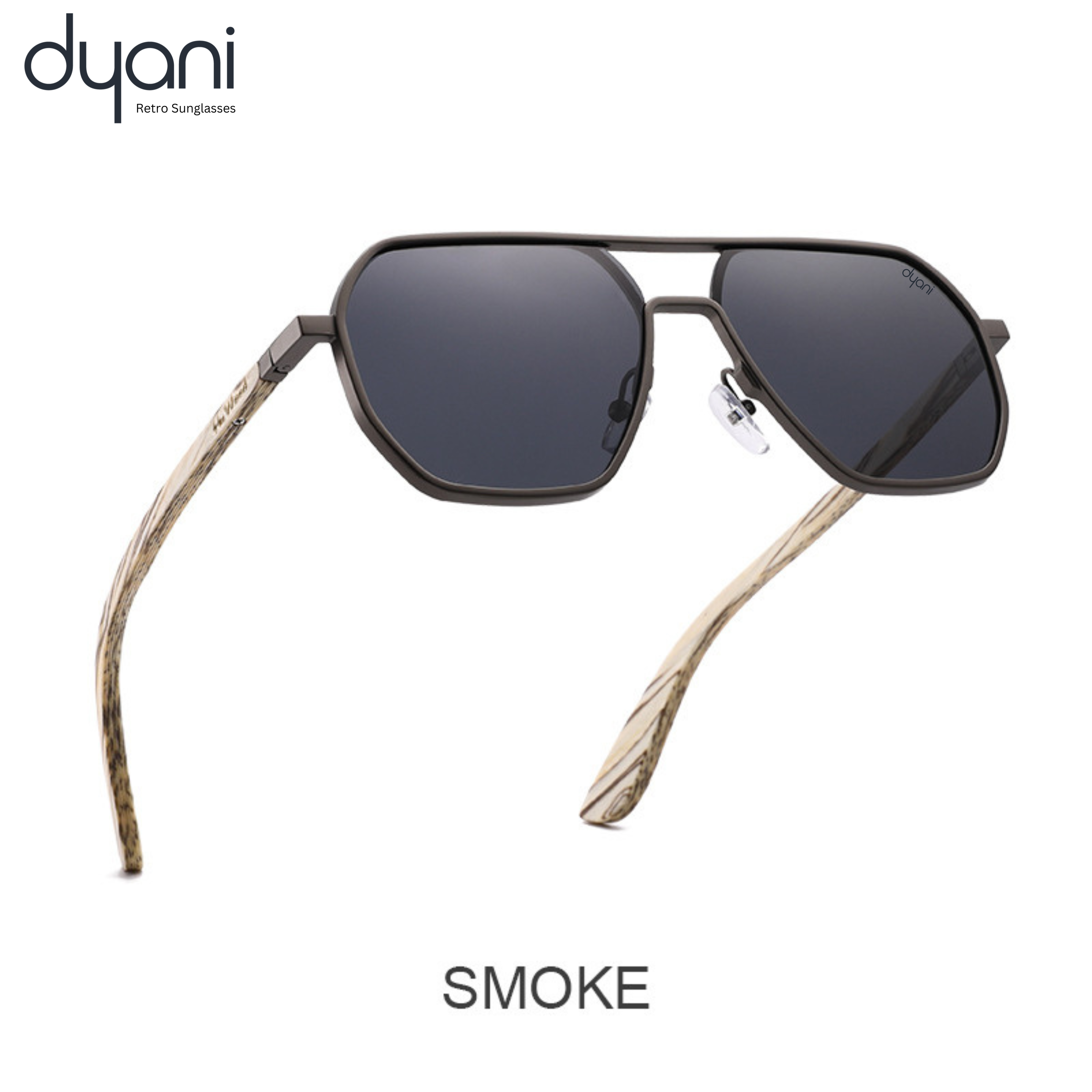 TimberLux eco-friendly wooden sunglasses with polarized UV400 lenses, Dyani brand, smoke-colored design, lightweight for adventures.