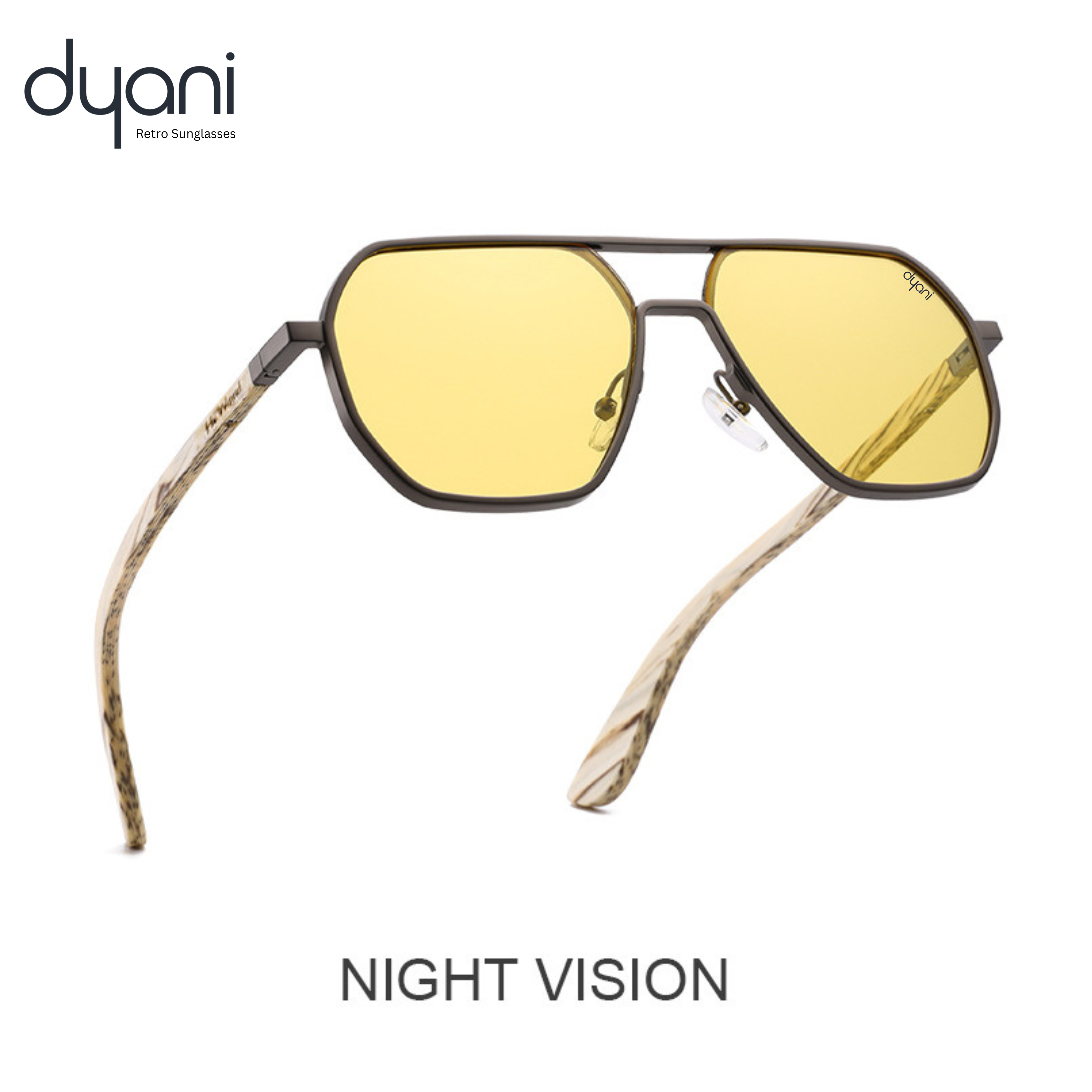 Dyani TimberLux Night Vision sunglasses with yellow polarized lenses and eco-friendly wooden frames.