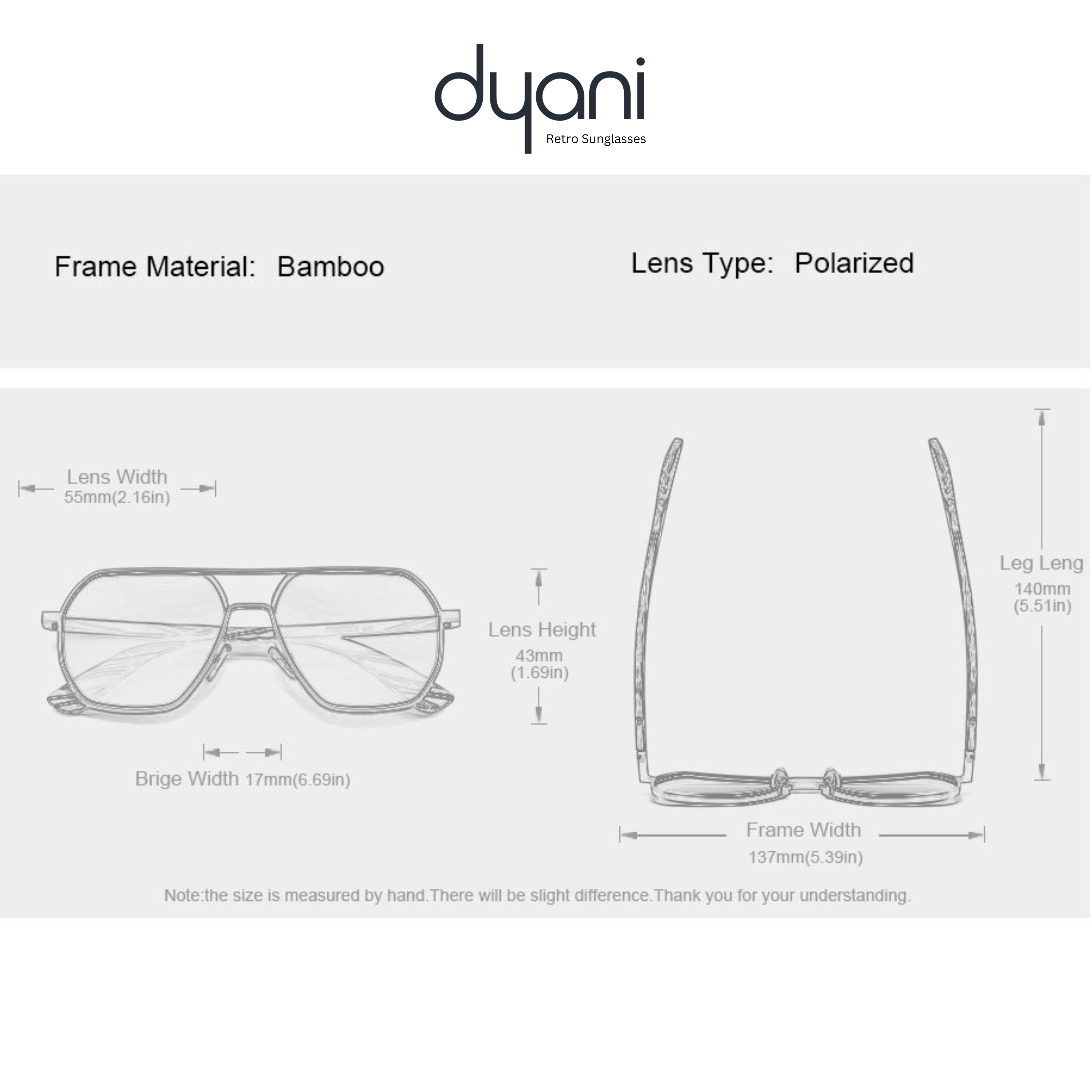 Dyani TimberLux sunglasses with bamboo frame, polarized lenses, and modern aviator design; technical drawing dimensions included.