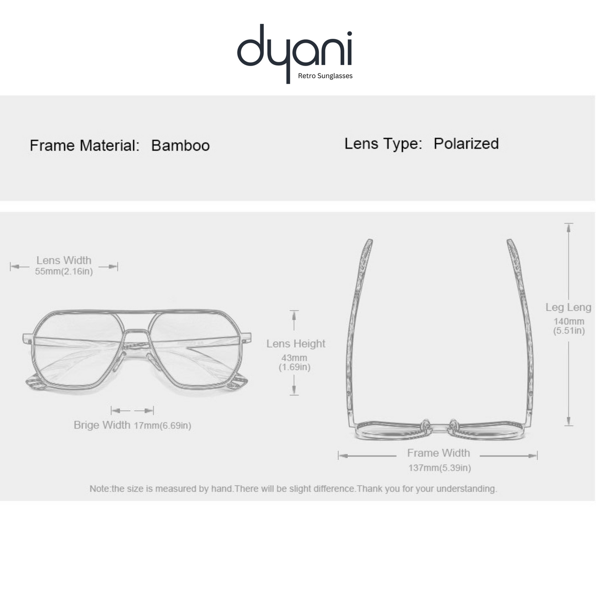 Dyani TimberLux sunglasses with bamboo frame, polarized lenses, and modern aviator design; technical drawing dimensions included.