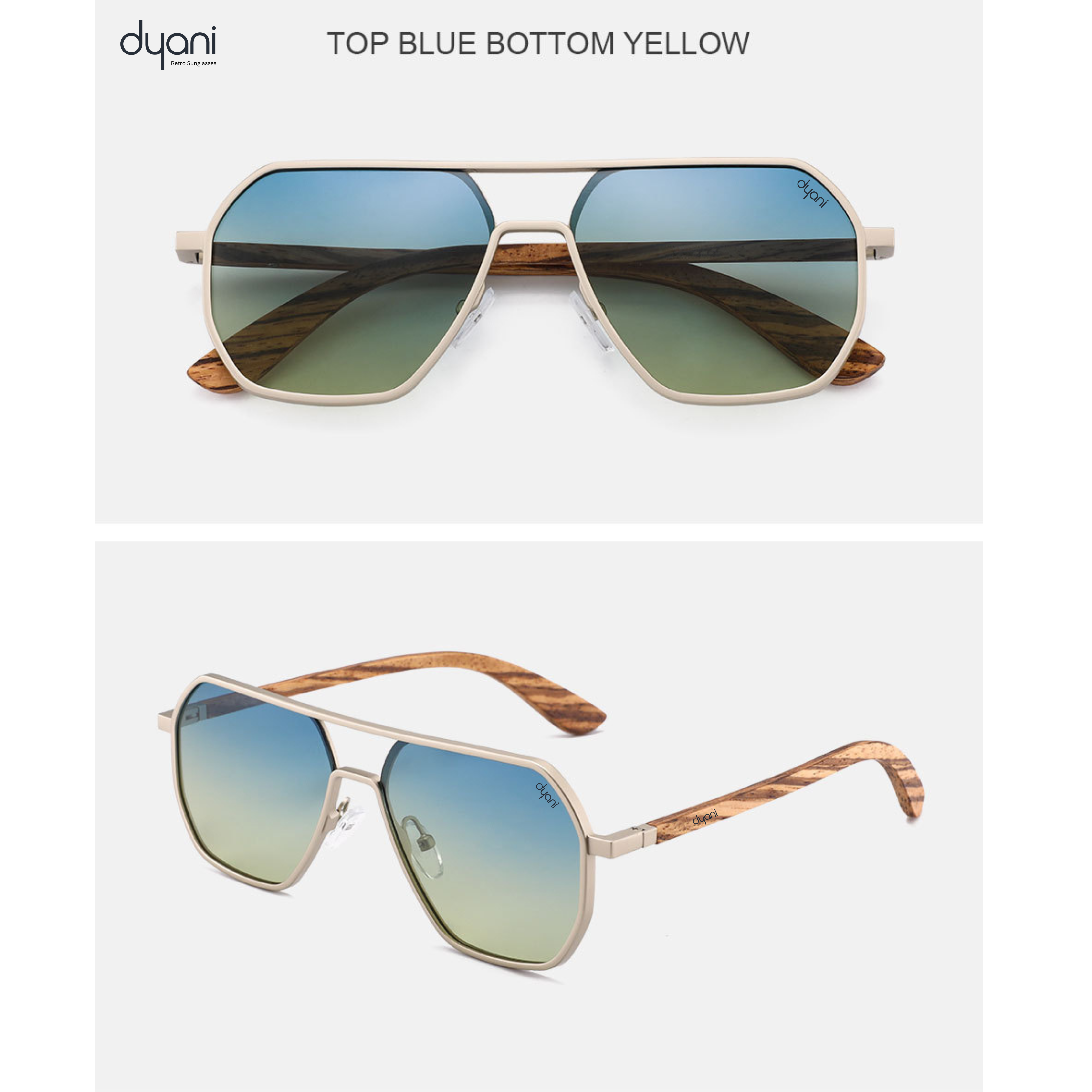 Dyani TimberLux sunglasses with wooden frame, polarized lenses offering full UV400 protection, shown in blue and yellow gradient.