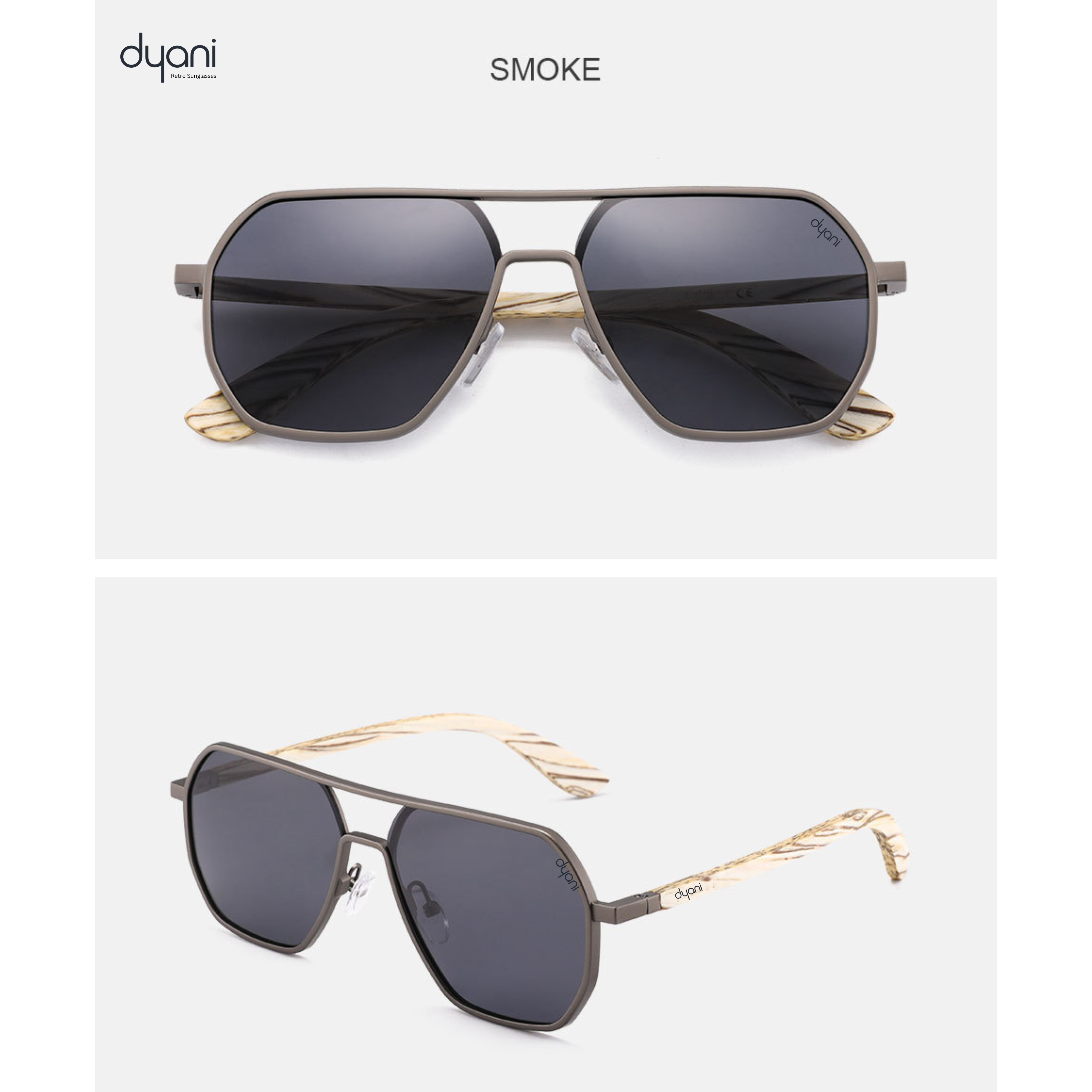 TimberLux eco-friendly wooden sunglasses with polarized lenses in smoke tint by Dyani, lightweight and UV400 protected for summer fashion.