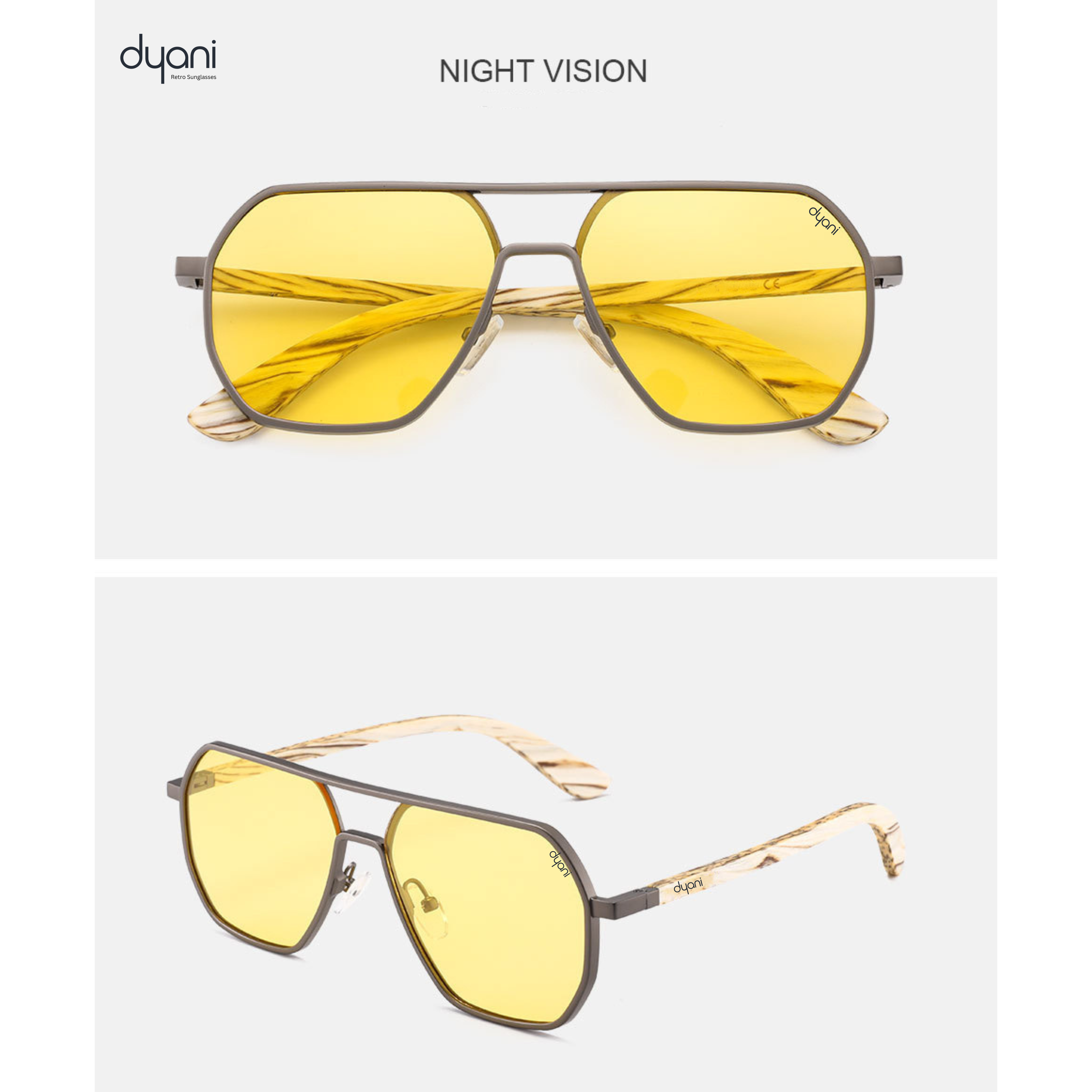 Yellow lens TimberLux Night Vision sunglasses with eco-friendly wooden frames by Dyani. Perfect for eye protection and style.