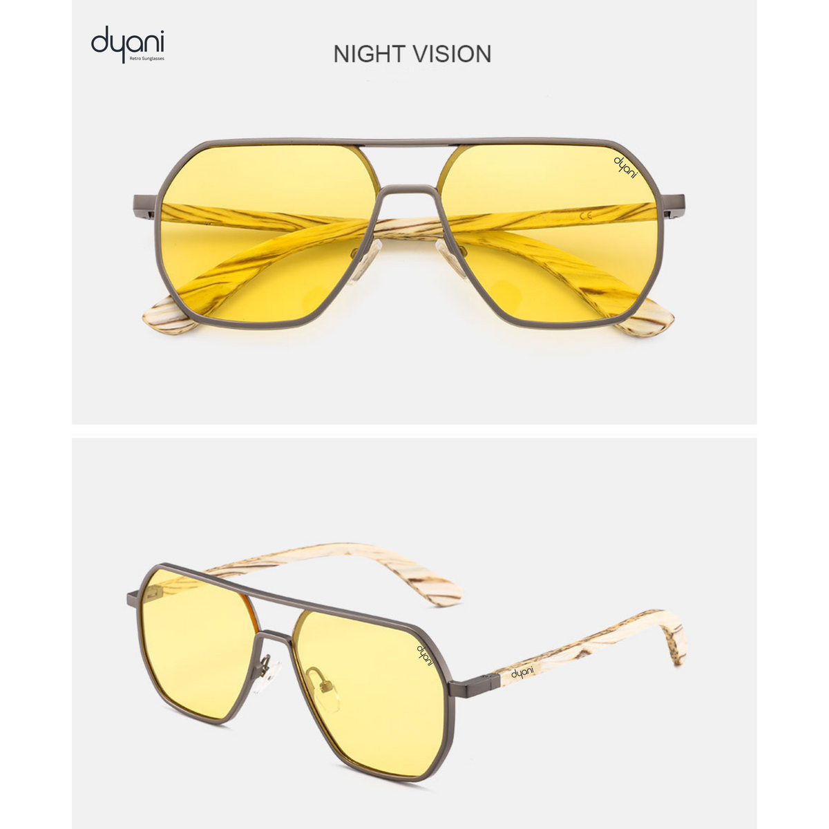 Yellow lens TimberLux Night Vision sunglasses with eco-friendly wooden frames by Dyani. Perfect for eye protection and style.