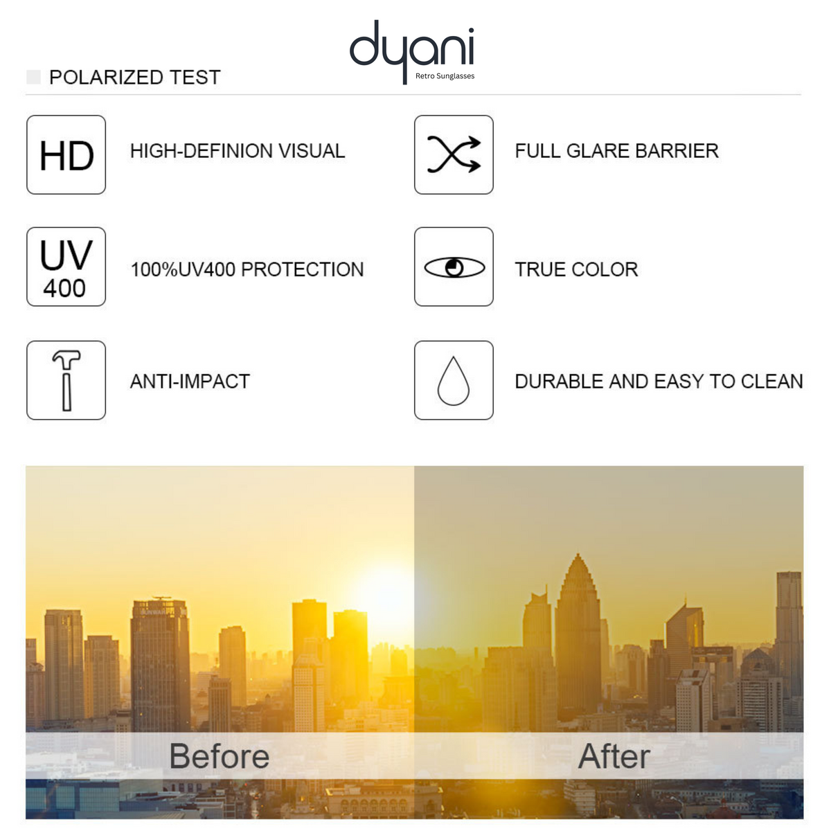 Comparison of cityscape with and without Dyani polarized sunglasses showing UV protection, glare barrier, and true color benefits.