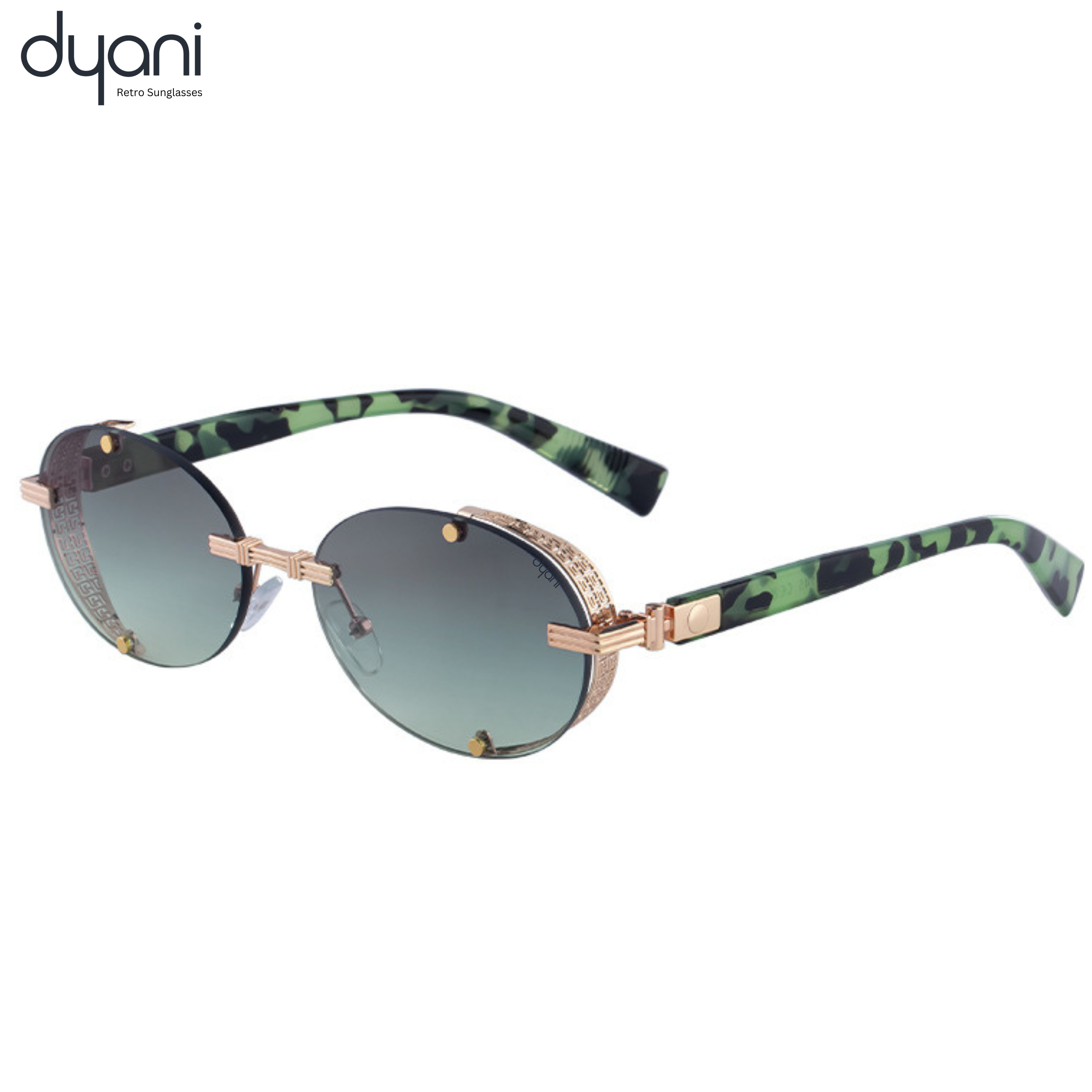Lunari sunglasses with oval lenses, gold-toned hardware, side shield detailing, blending vintage glamour and rockstar edge, green frame.