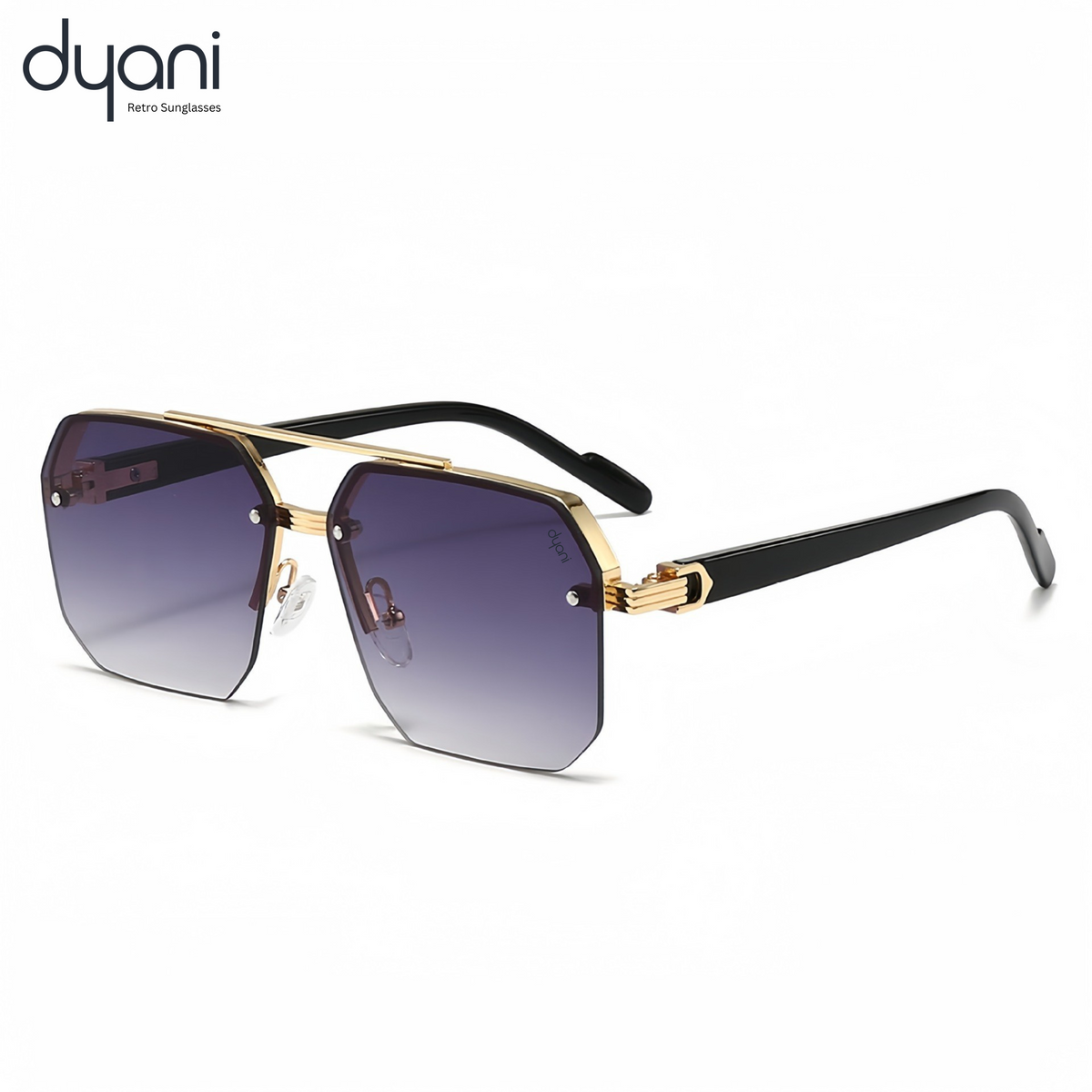 Dyani The Apex sunglasses with sleek boxy design, gold accents, and polycarbonate frame, perfect for modern summer fashion.