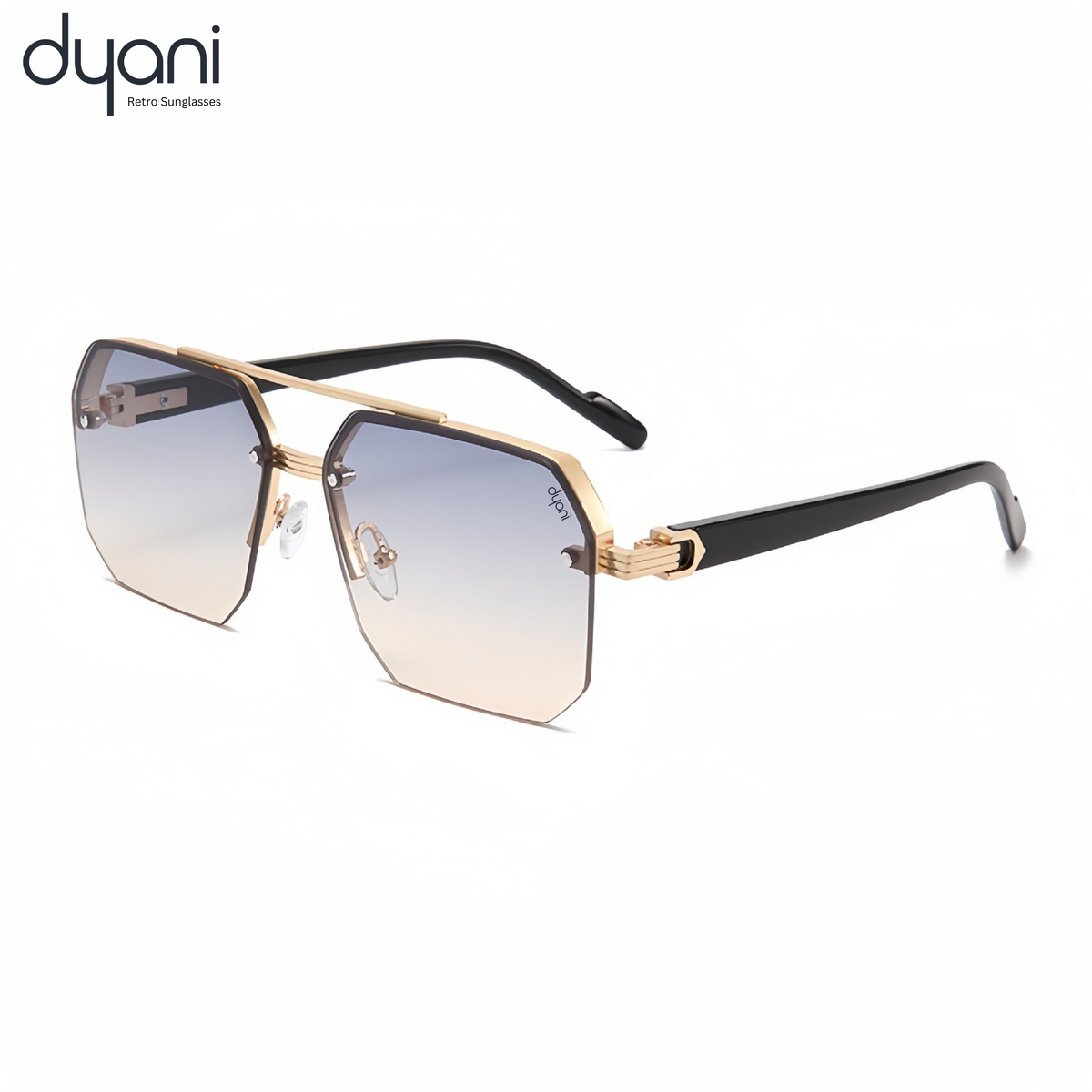 The Apex sunglasses by Dyani featuring a sleek, boxy design in gold and black, crafted from durable polycarbonate for modern fashion.