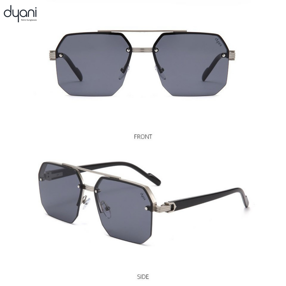 The Apex sunglasses by Dyani featuring a sleek, boxy design with sharp edges and durable polycarbonate frame, front and side view.