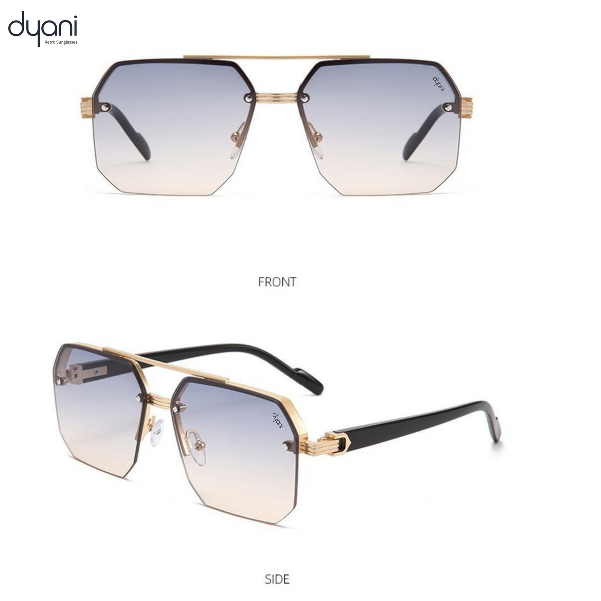 Dyani The Apex sunglasses with sleek boxy design, sharp edges, durable polycarbonate frame, and premium details.