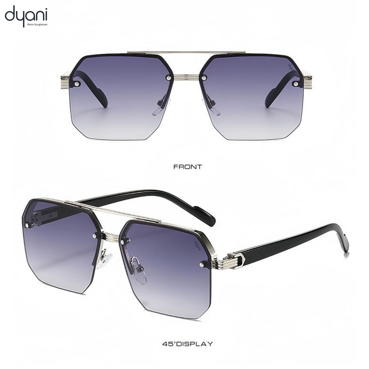 Dyani The Apex sunglasses with sleek, boxy design and sharp edges, featuring a durable polycarbonate frame for modern style.