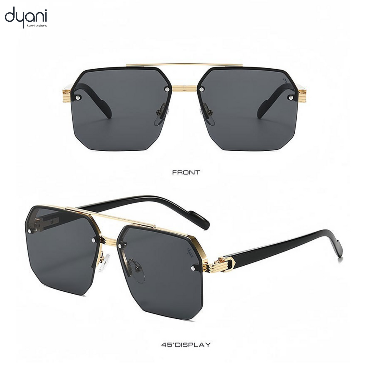 Dyani The Apex sunglasses with sleek boxy design, sharp edges, and durable polycarbonate frame, showcasing a modern style.