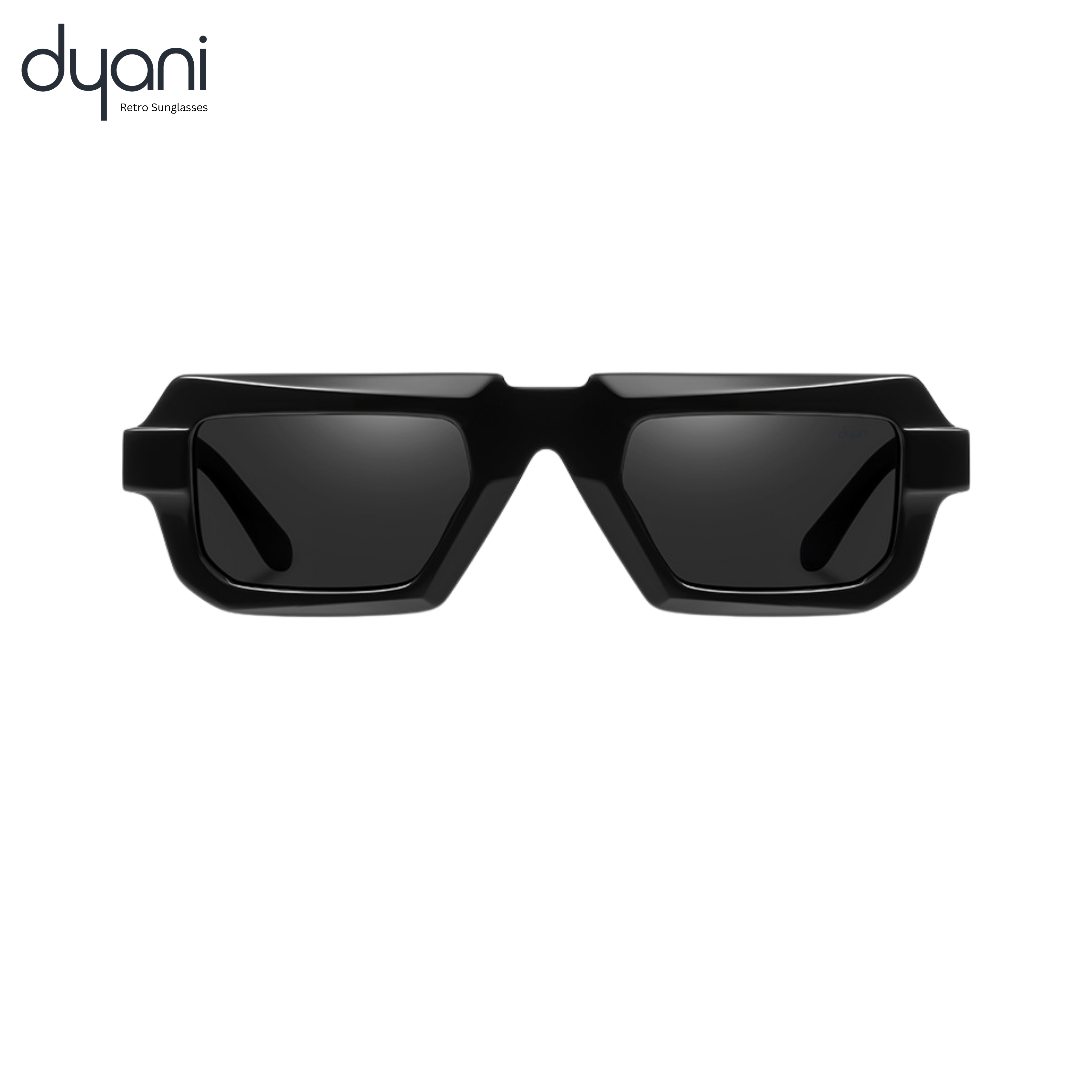 The Phantom by Dyani Front view,  black square sunglasses with geometric design and sharp edges, premium acetate frame
