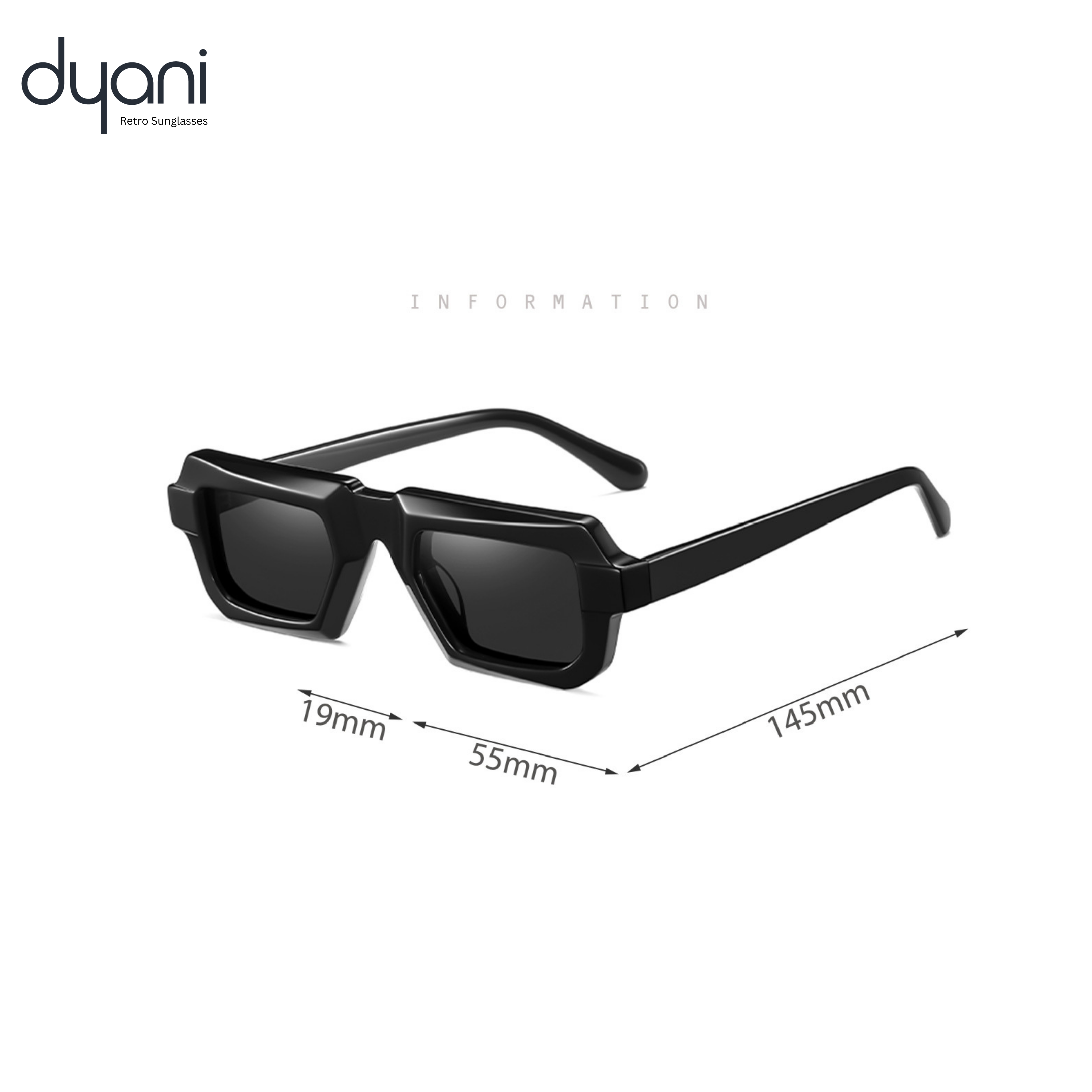 The Phantom by Dyani black square sunglasses with geometric design and sharp edges, premium acetate frame.