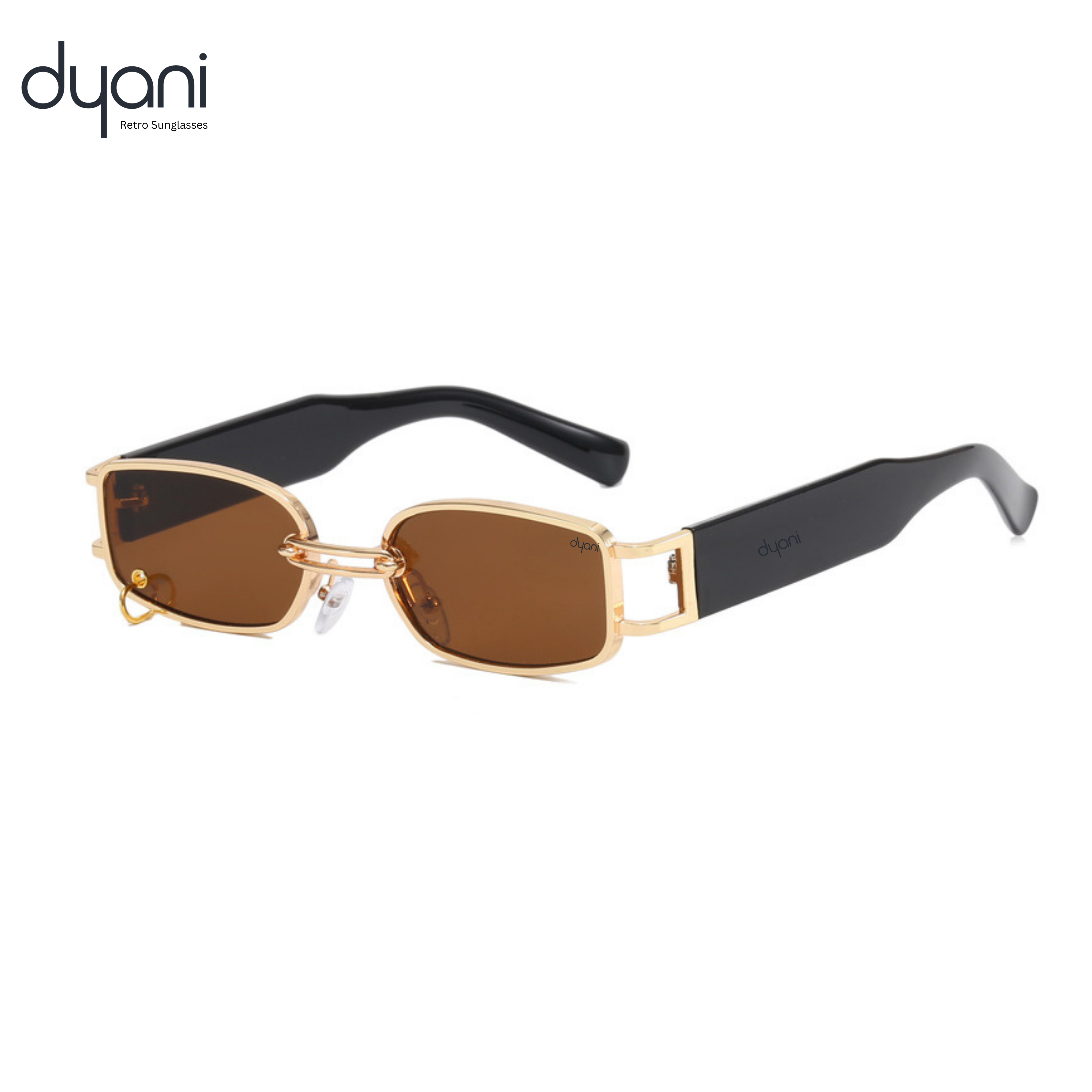 The Rebel sunglasses with gold metal frame, chain-link bridge, rectangular dark-tinted lenses, and wide black arms. UV400 protection.