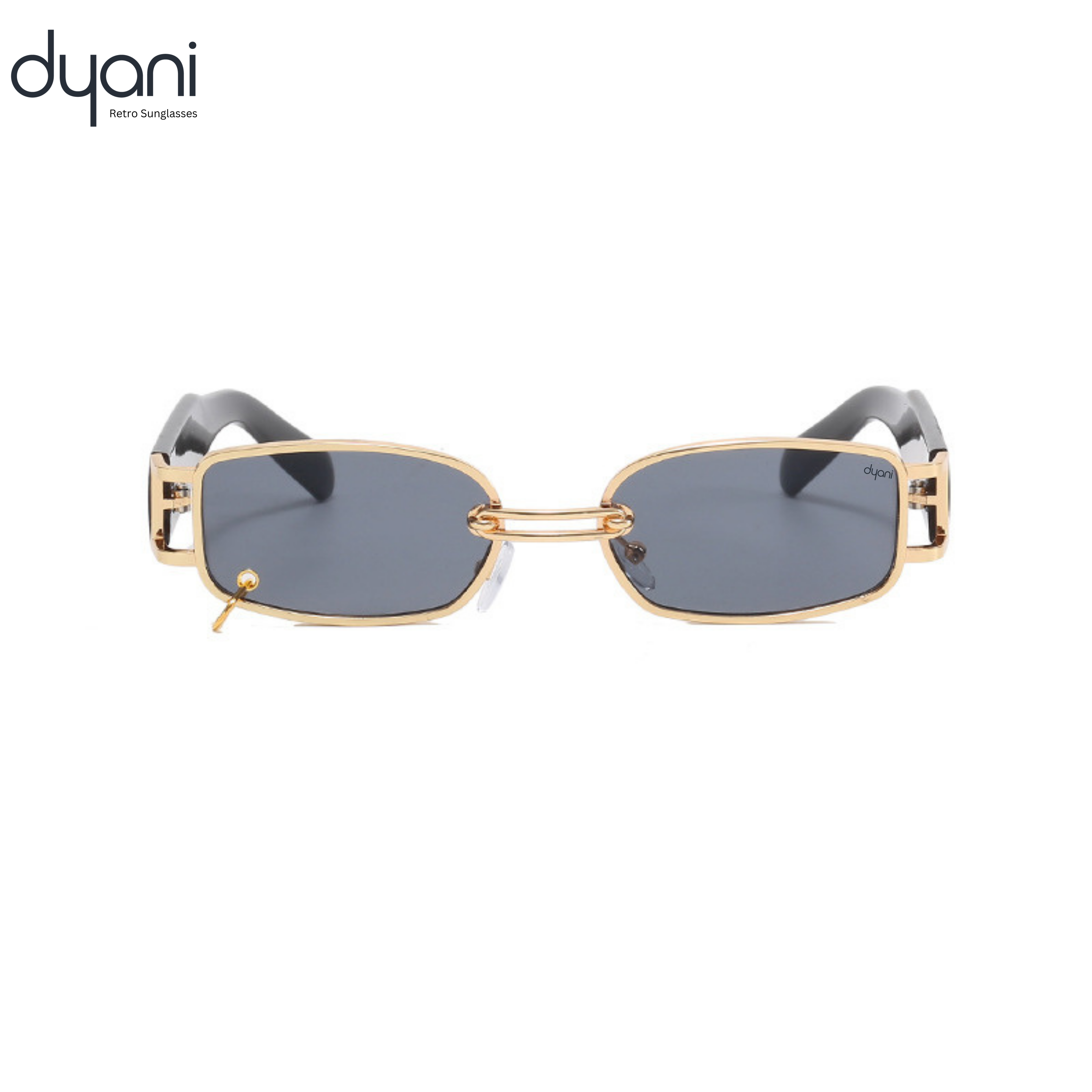 The Rebel sunglasses with gold metal frame, chain-link bridge, rectangular dark-tinted lenses, and wide black arms for style and comfort.
