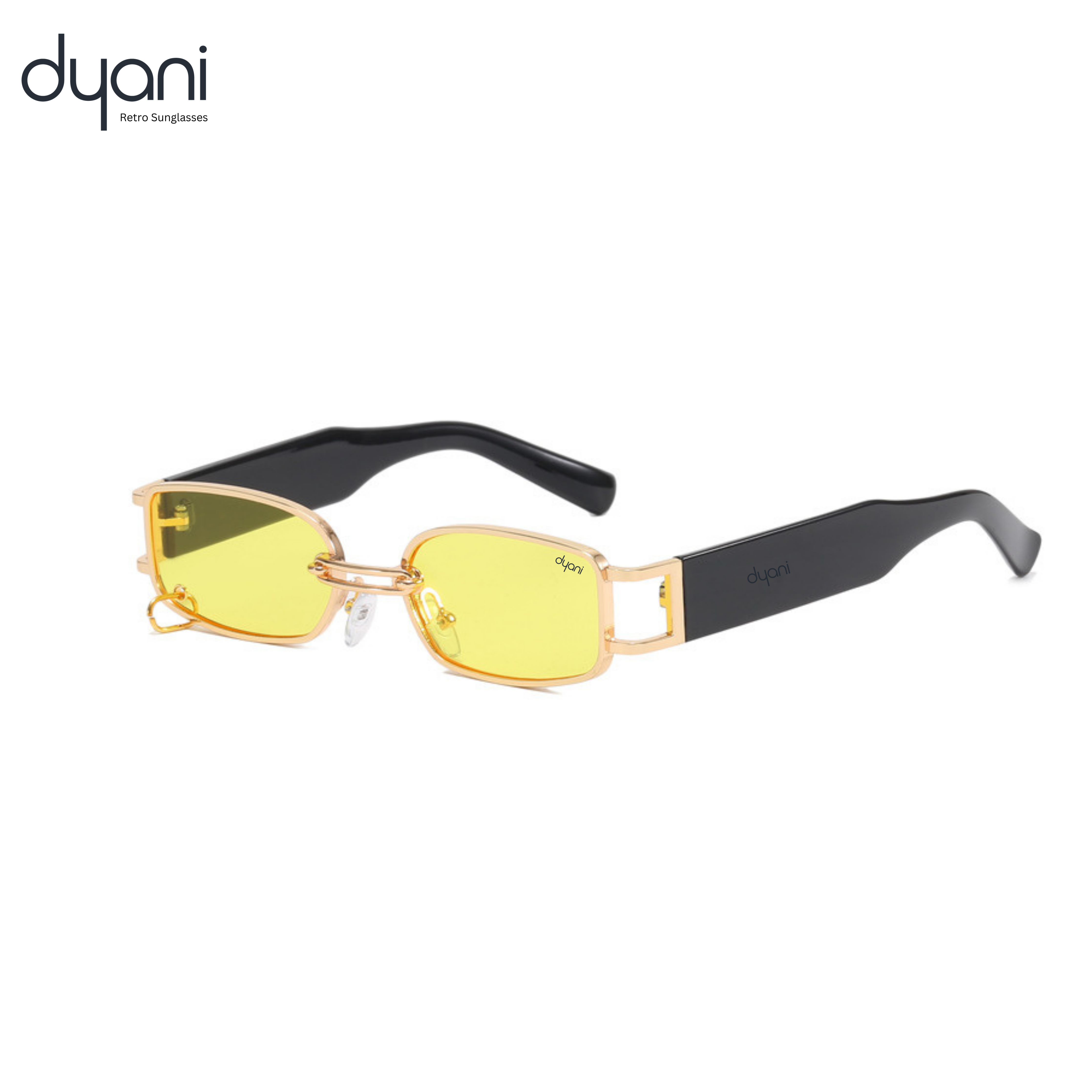 The Rebel sunglasses with gold metal frame, yellow lens, chain-link bridge, and wide black arms for a vintage-modern look.