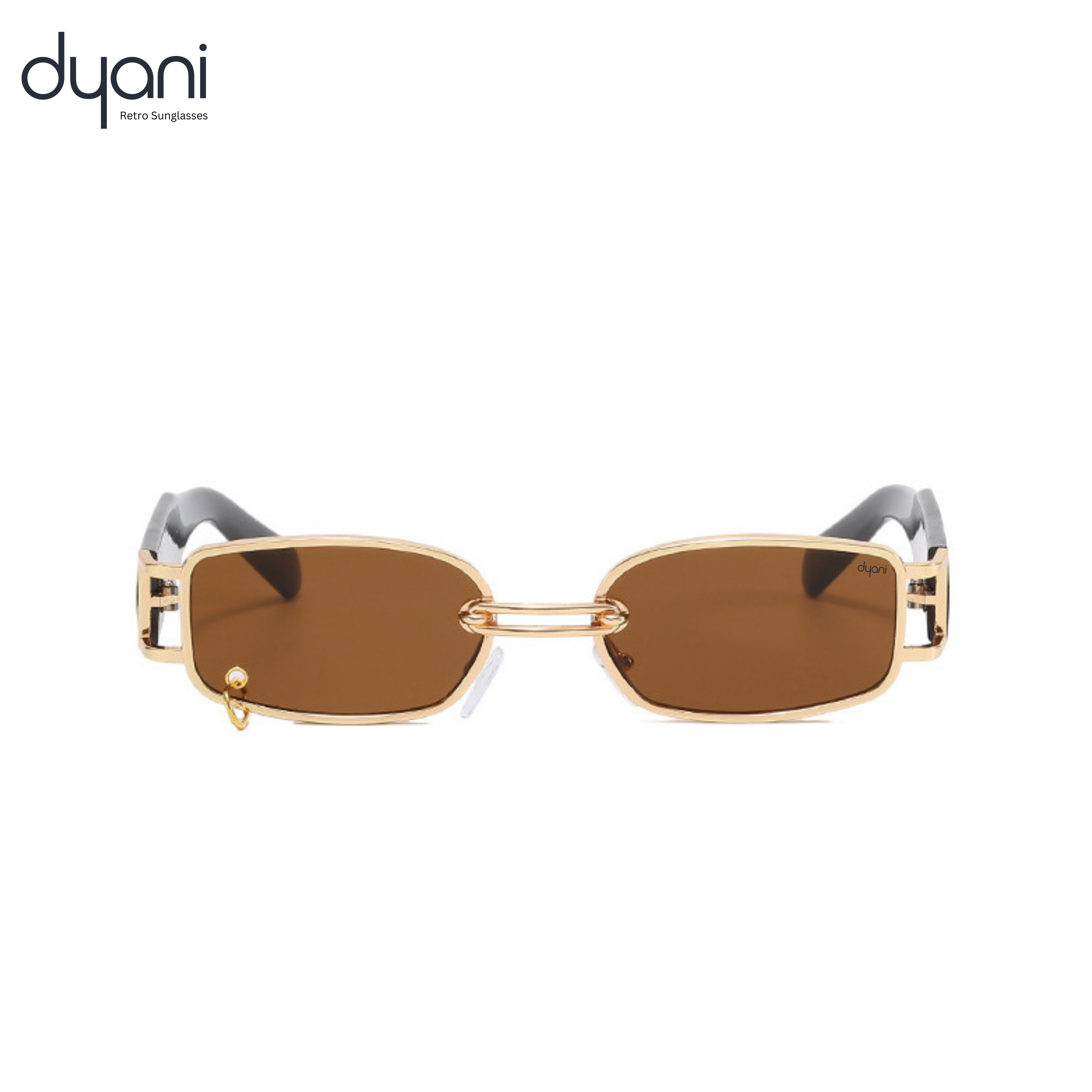 The Rebel sunglasses with gold metal frame, chain-link bridge, rectangular lenses, and wide black arms. Unisex UV400 protection.