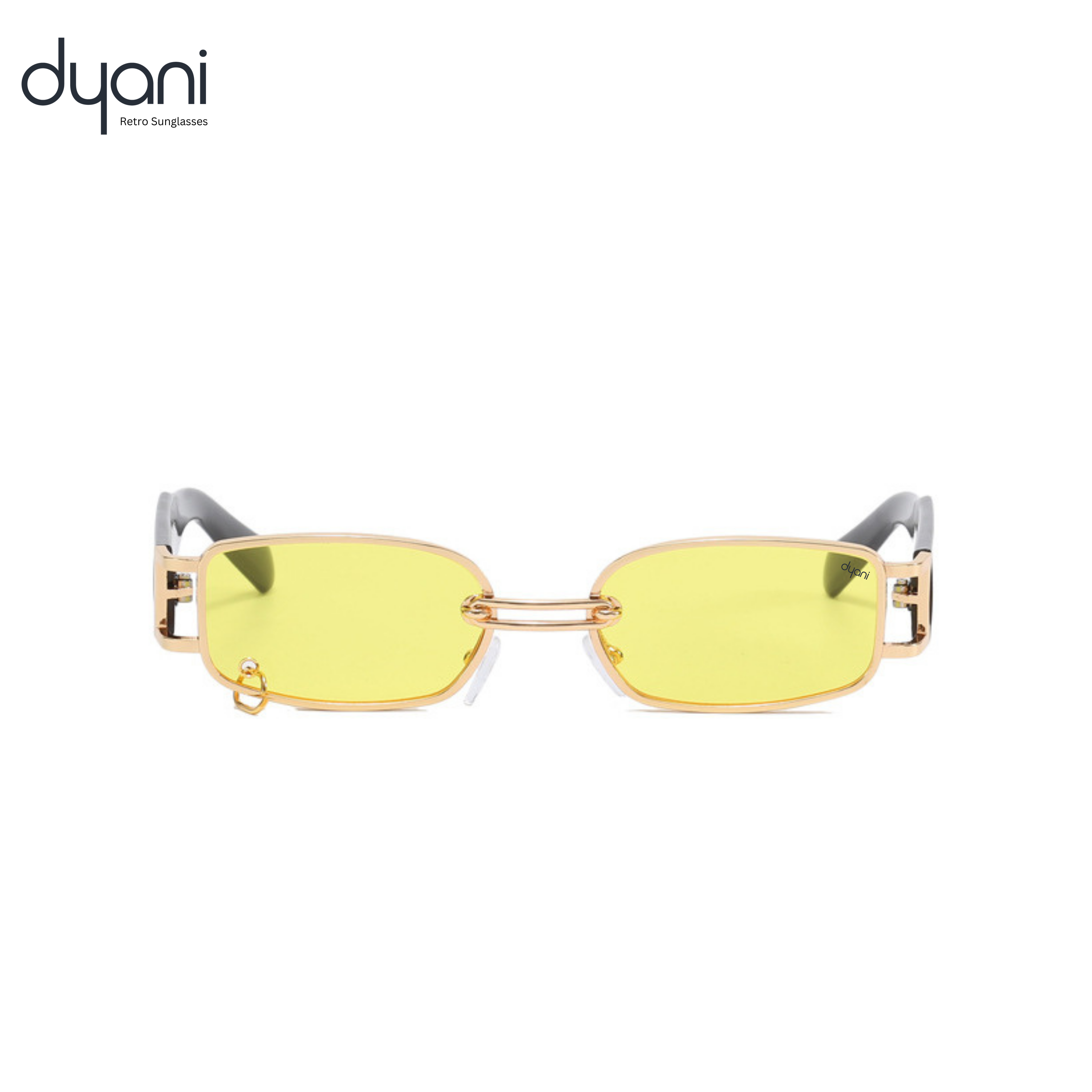 The Rebel sunglasses with gold metal chain-link frame, rectangular yellow lenses, and wide black arms, unisex design with UV400 protection