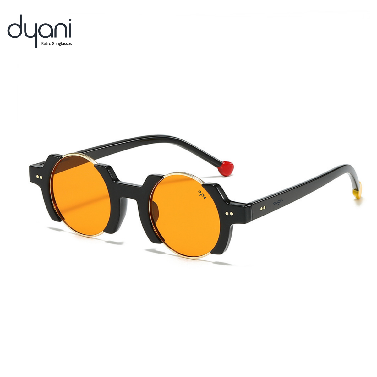 Orbit sunglasses with round gold gradient lenses and black polycarbonate frame featuring red and gold temple tips, retro-modern eyewear.