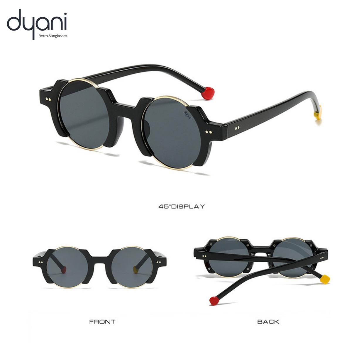 The Orbit sunglasses by Dyani Retro with round gold gradient lenses, black polycarbonate frame, and red-gold temple tips.