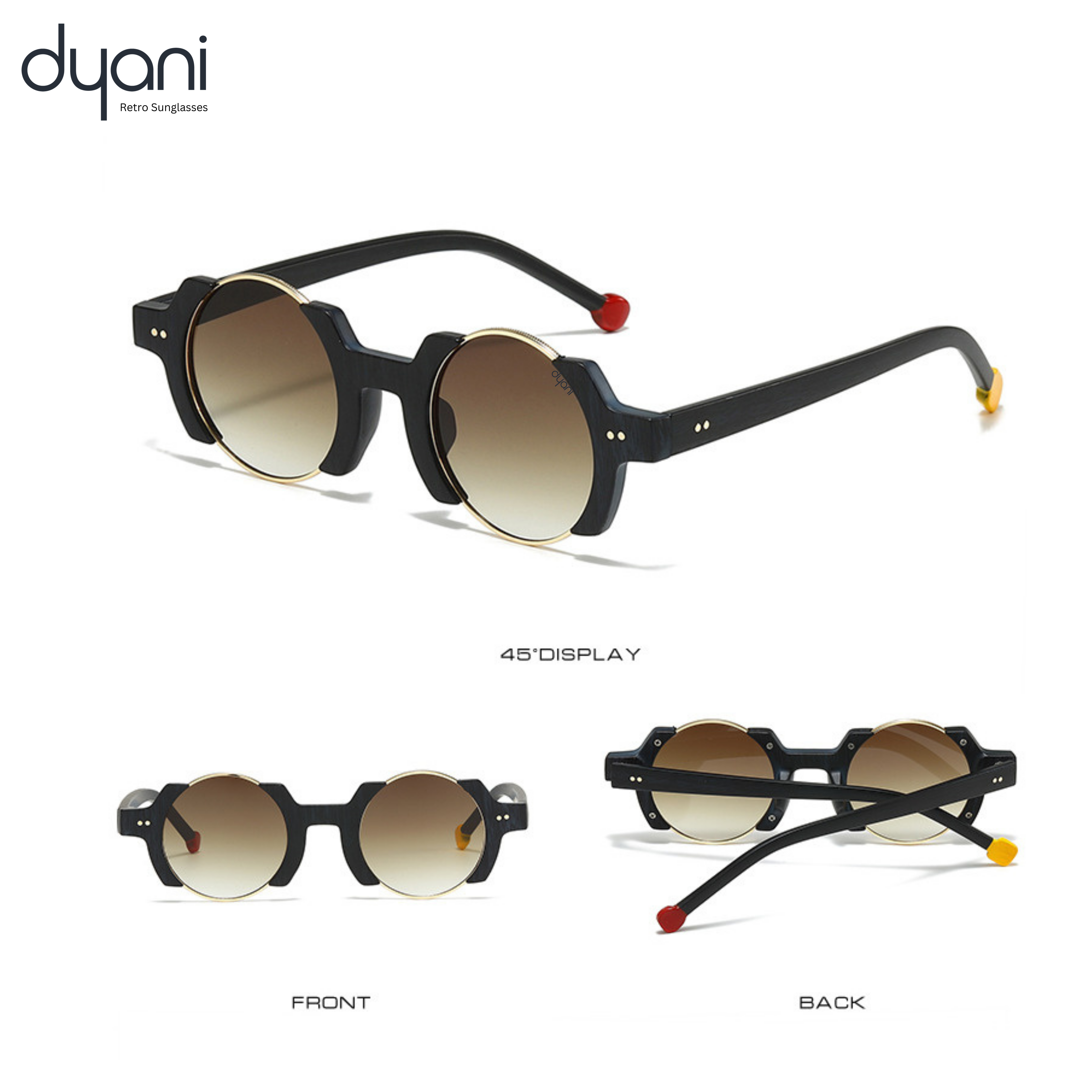 The Orbit sunglasses with round gold gradient lenses, black polycarbonate frame, and red and gold temple tips by Dyani Retro Sunglasses.