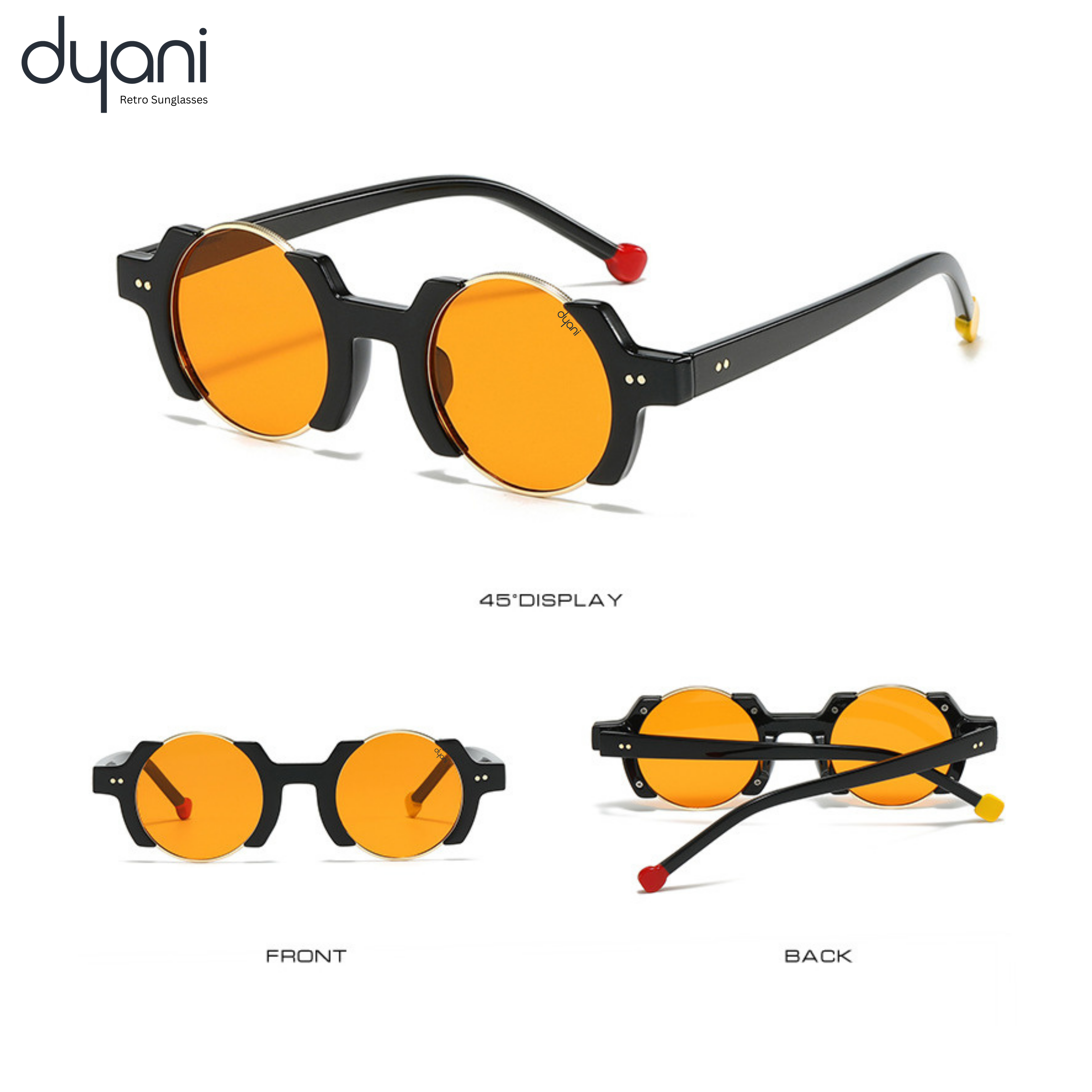 The Orbit sunglasses with round gold gradient lenses, black polycarbonate frame, red and gold tips by Dyani Retro Sunglasses