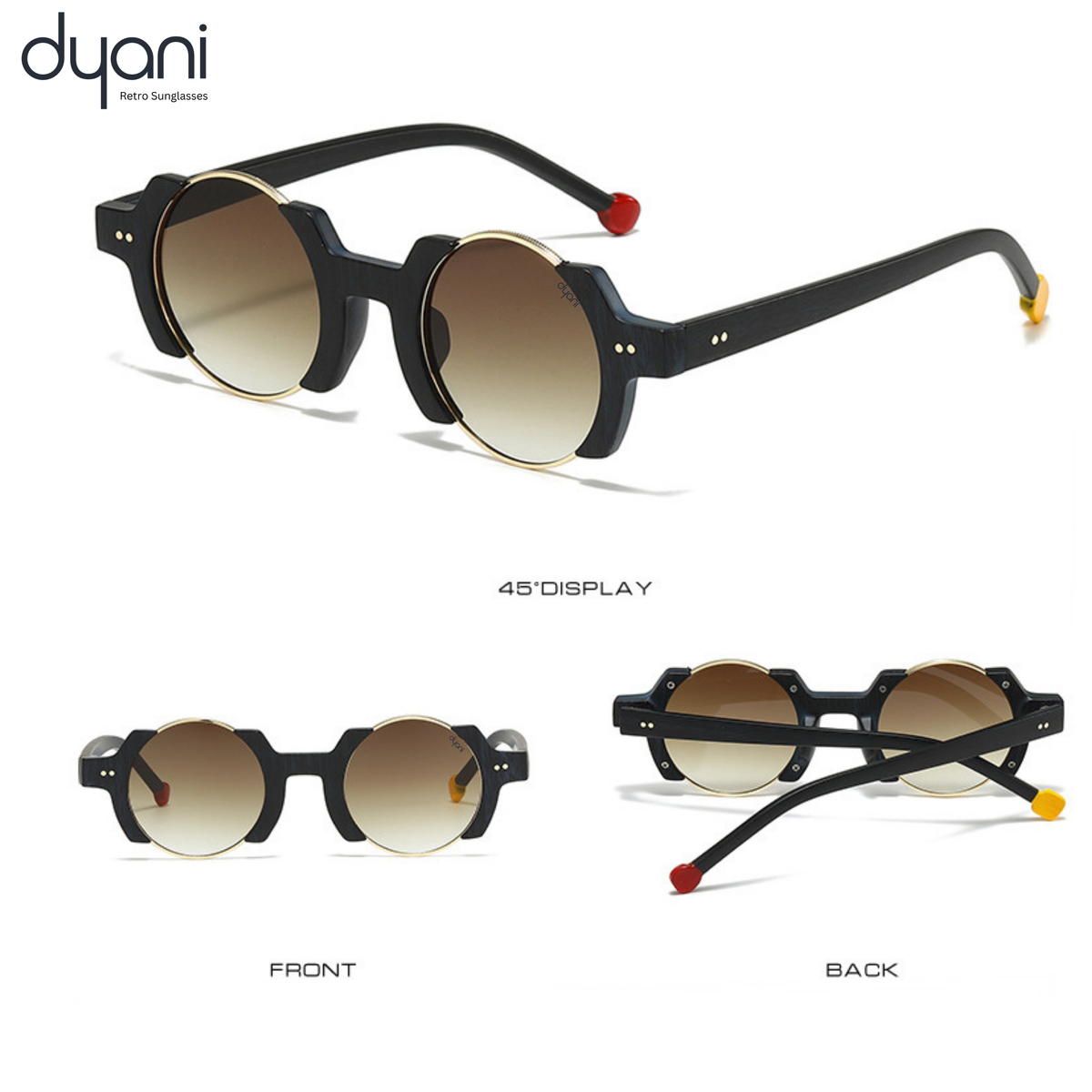 The Orbit sunglasses with round gold gradient lenses, black polycarbonate frame, and red and gold temple tips by Dyani Retro.