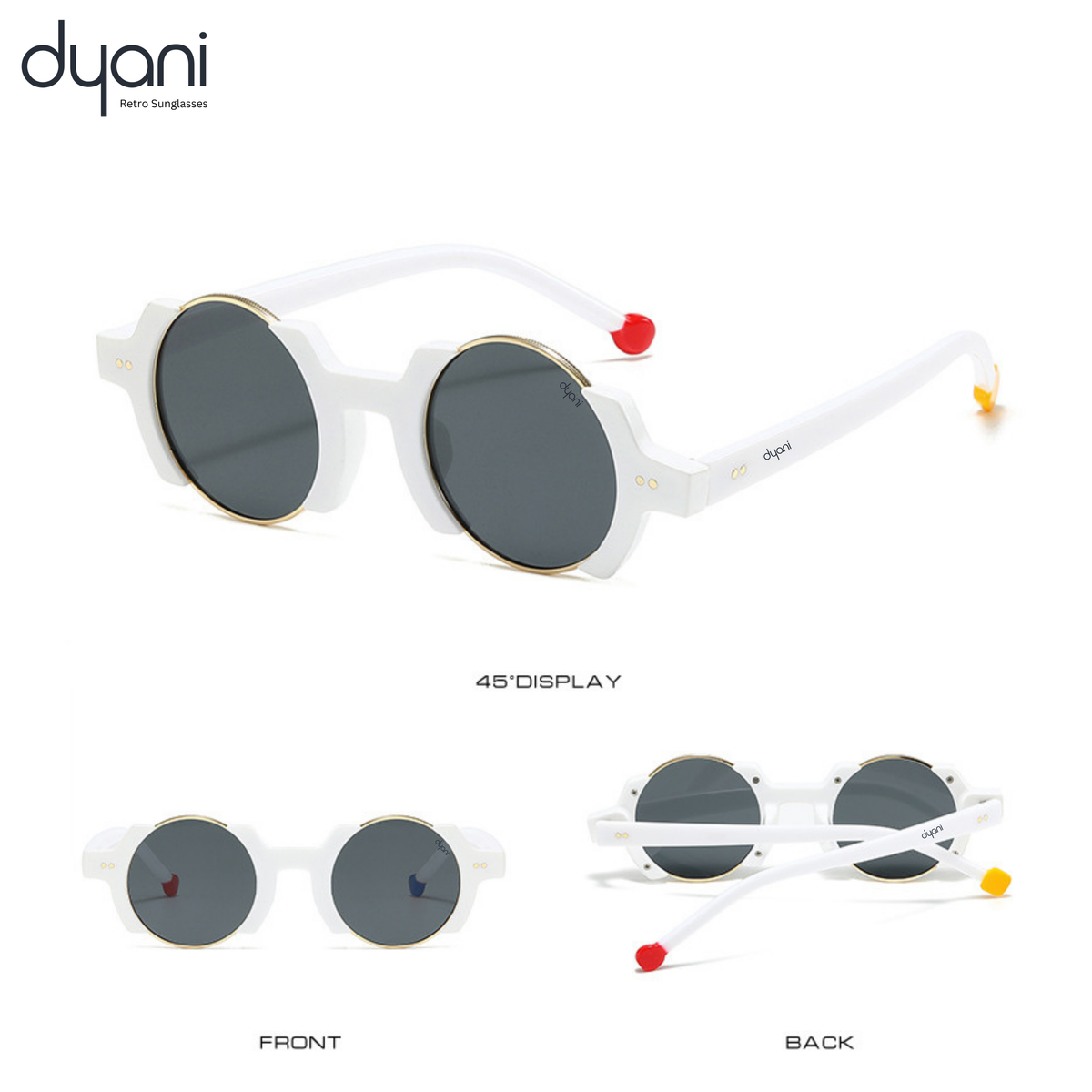White sunglasses with round gold gradient lenses, red and gold temple tips, combining retro and modern style. Brand: dyani.