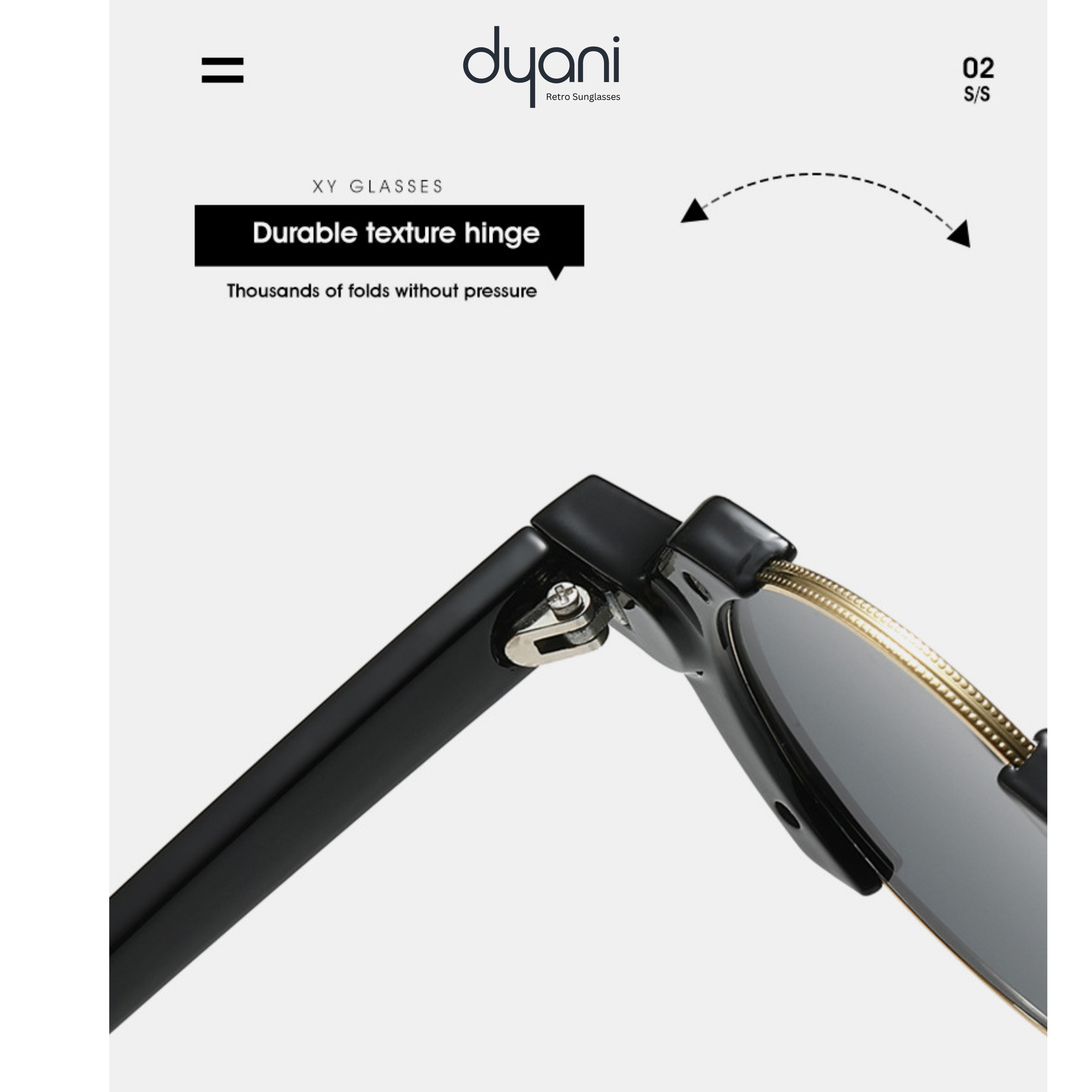 Close-up view of Dyani Retro's The Orbit sunglasses featuring durable hinge, black polycarbonate frame, and gold gradient lenses.