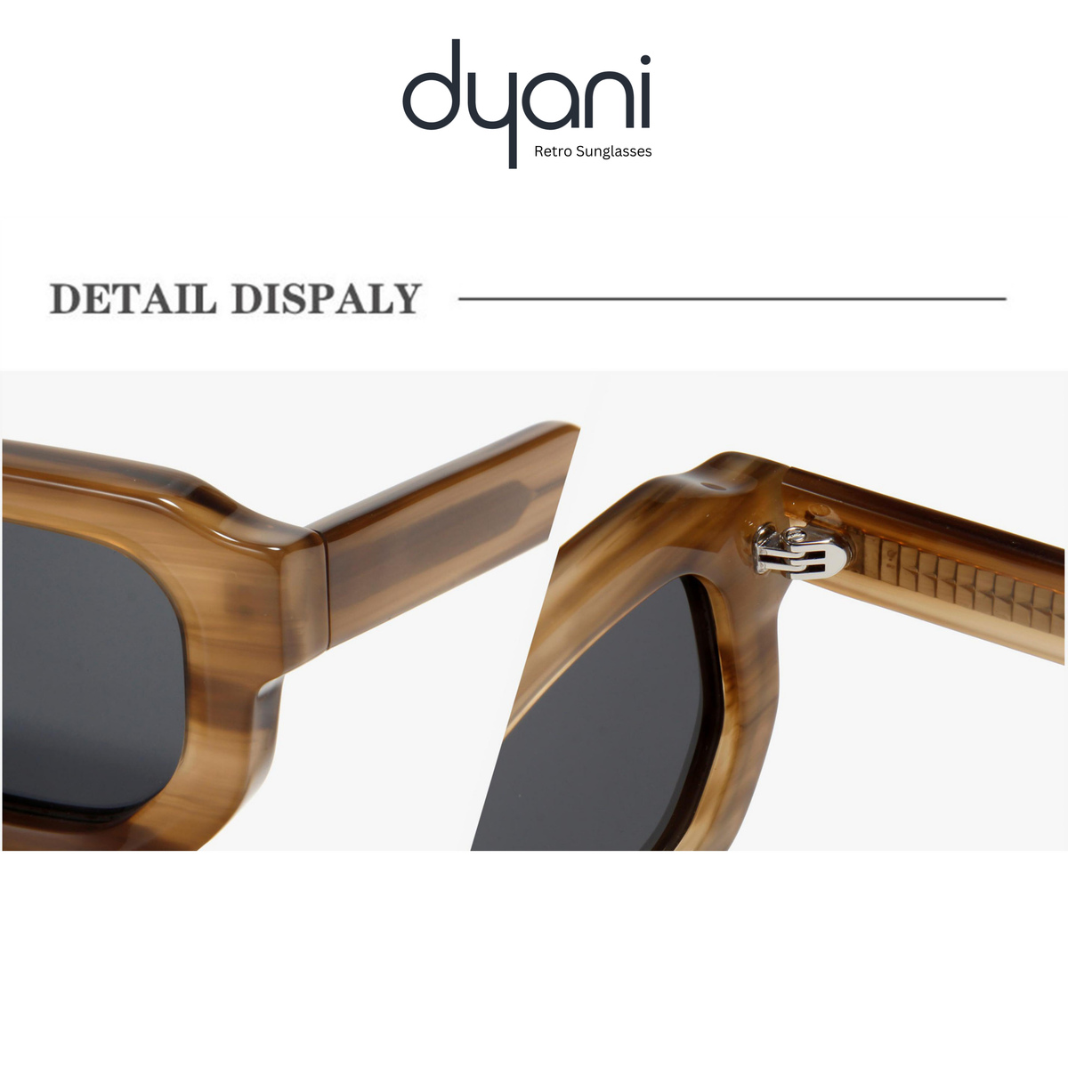 Close-up of Royce sunglasses with tortoiseshell acetate frame and dark lenses showcasing durability and modern retro style.