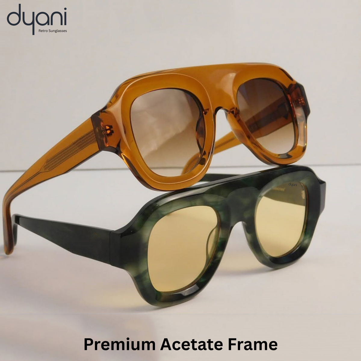 Bold Velora acetate sunglasses by Dyani with rounded frames and gradient UV400 lenses in brown and green, showcasing retro-modern style.