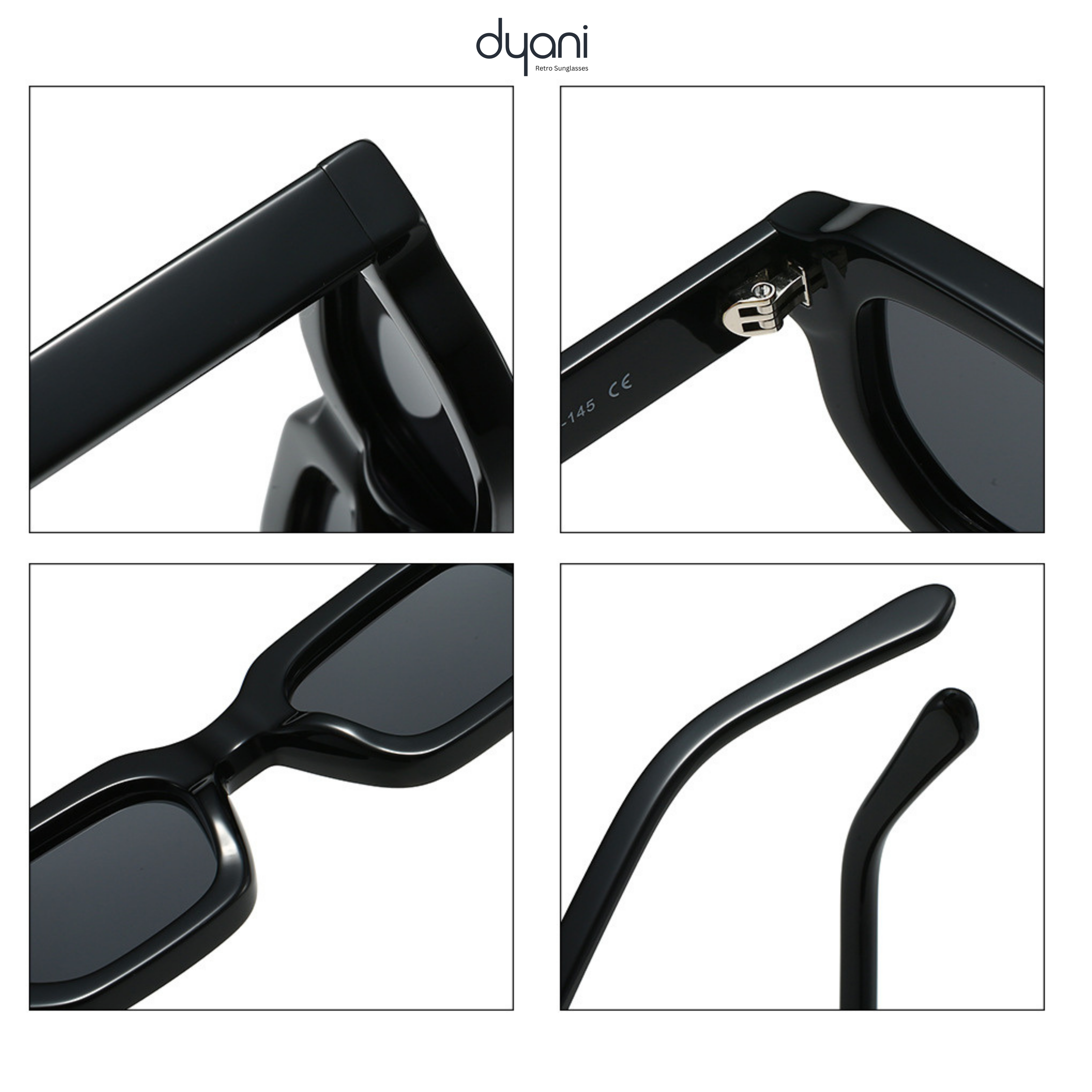 Close-up of black chunky square sunglasses with sculpted edges, tinted lenses, and sleek temples by dyani.