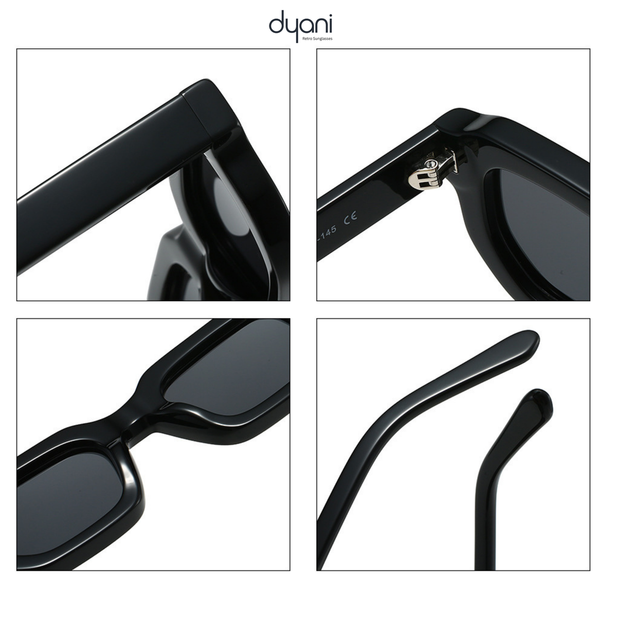 Close-up of black chunky square sunglasses with sculpted edges, tinted lenses, and sleek temples by dyani.