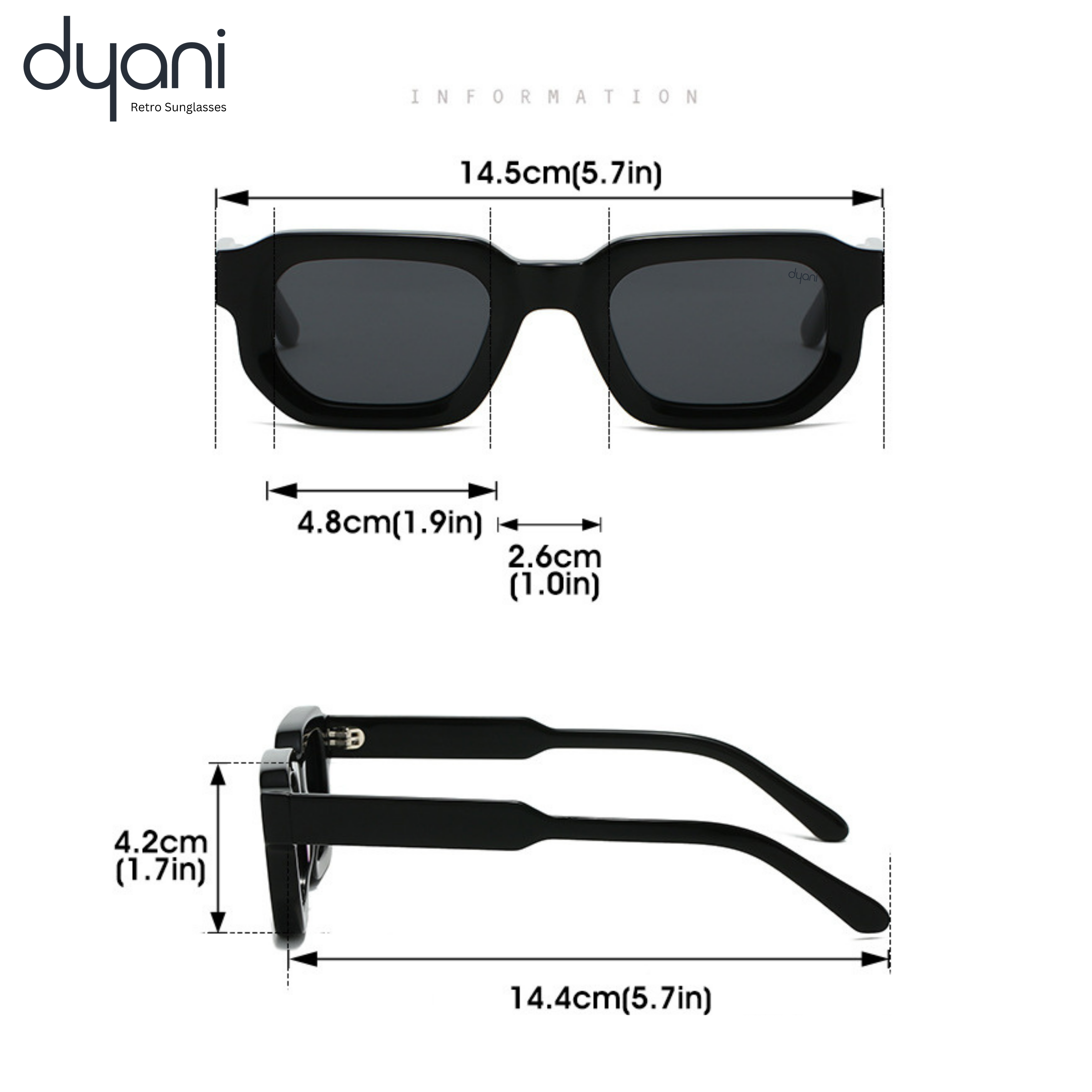 Dimensions of black sunglasses with chunky square frame, tinted lenses, and UV400 protection, showcasing a retro modern design.