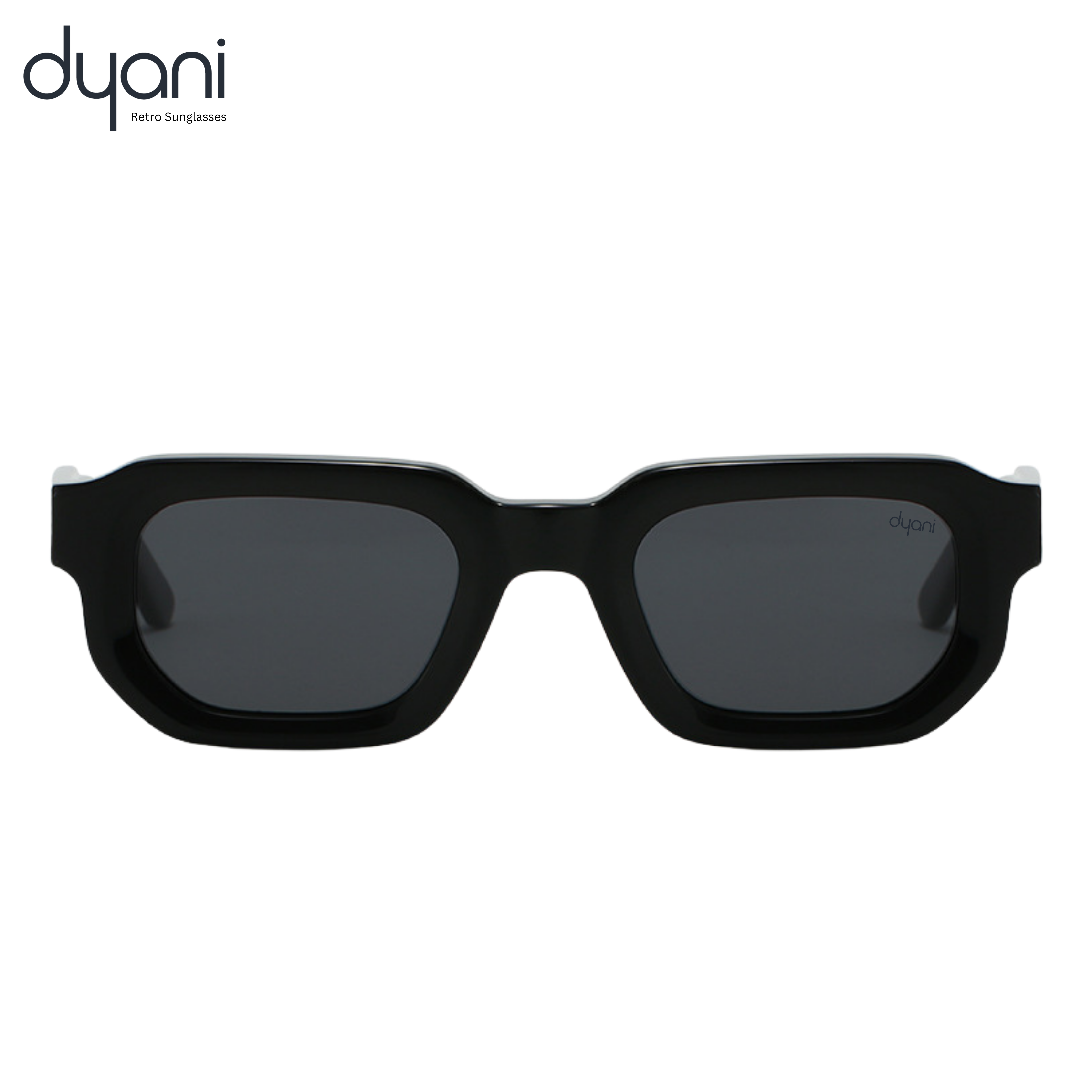 Chunky square sunglasses with black acetate frame and dark tinted lenses providing UV400 protection by dyani.
