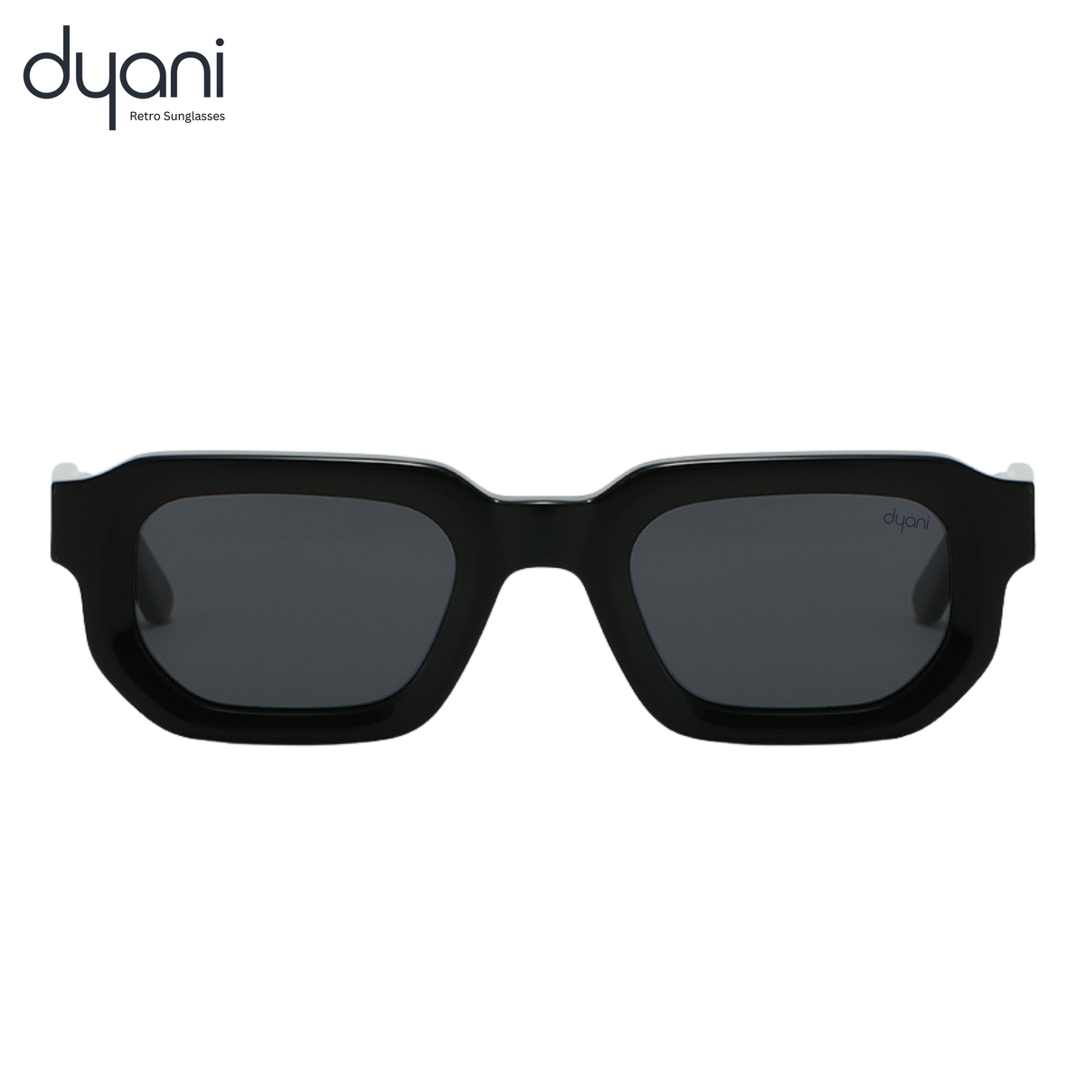 Chunky square sunglasses with black acetate frame and dark tinted lenses providing UV400 protection by dyani.
