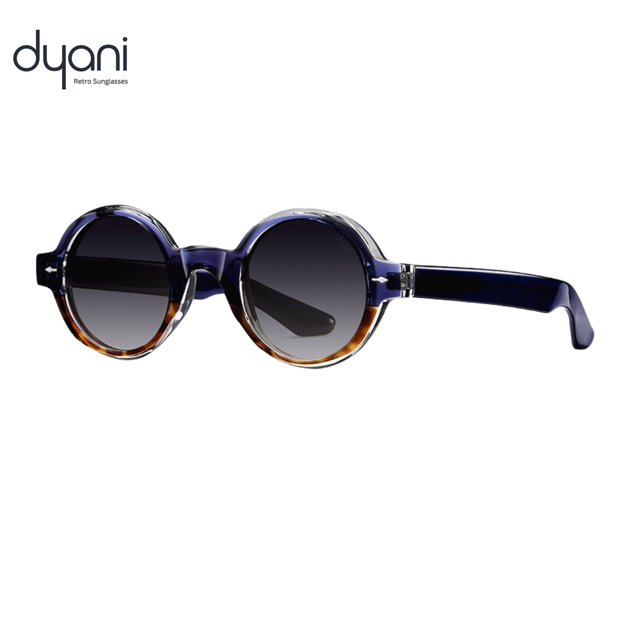 Round vintage sunglasses with tortoiseshell temples, keyhole bridge, blue accents, and bold retro style by Dyani.