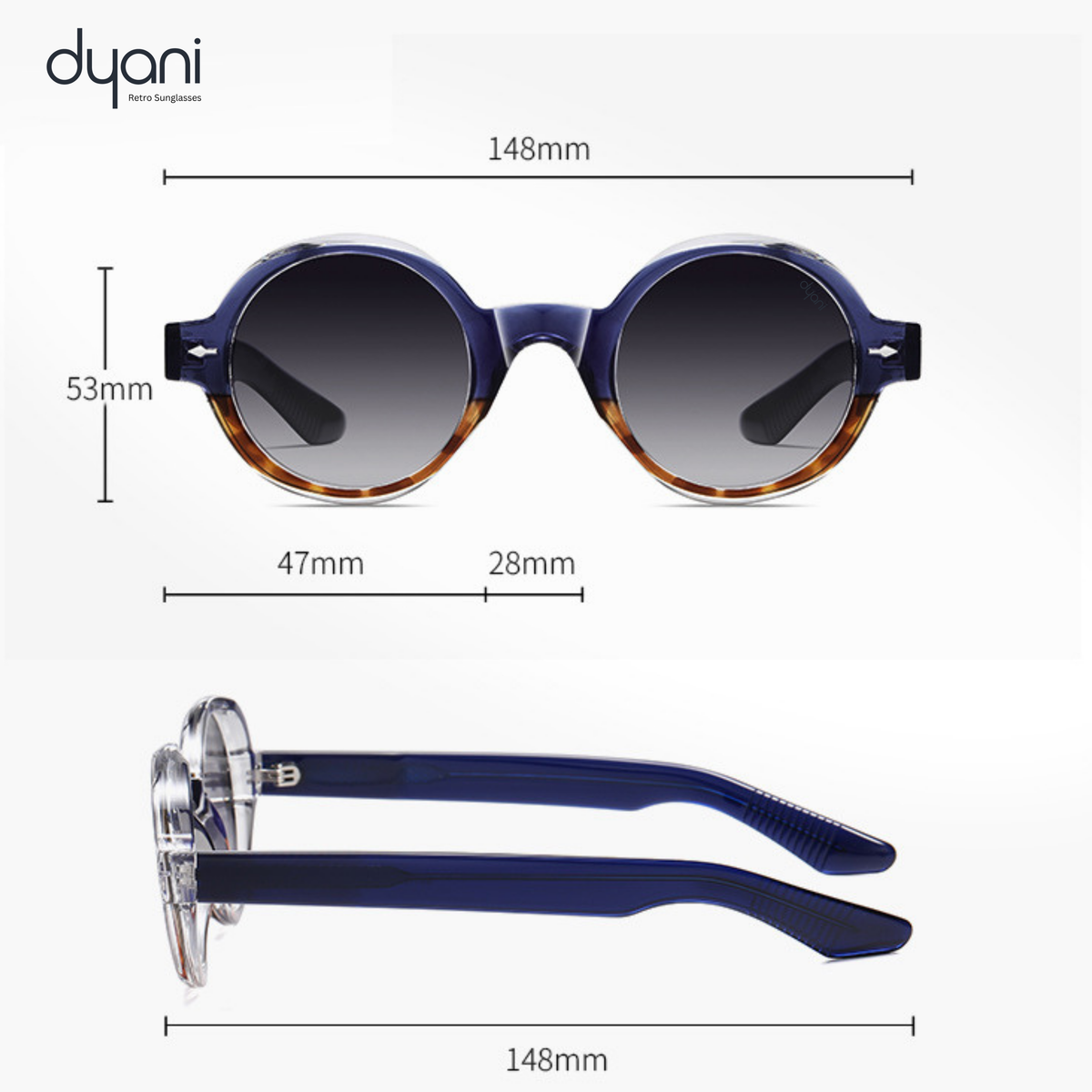 Round vintage-style sunglasses with tortoiseshell details, featuring keyhole bridge, 148mm width, ideal for retro fashion.
