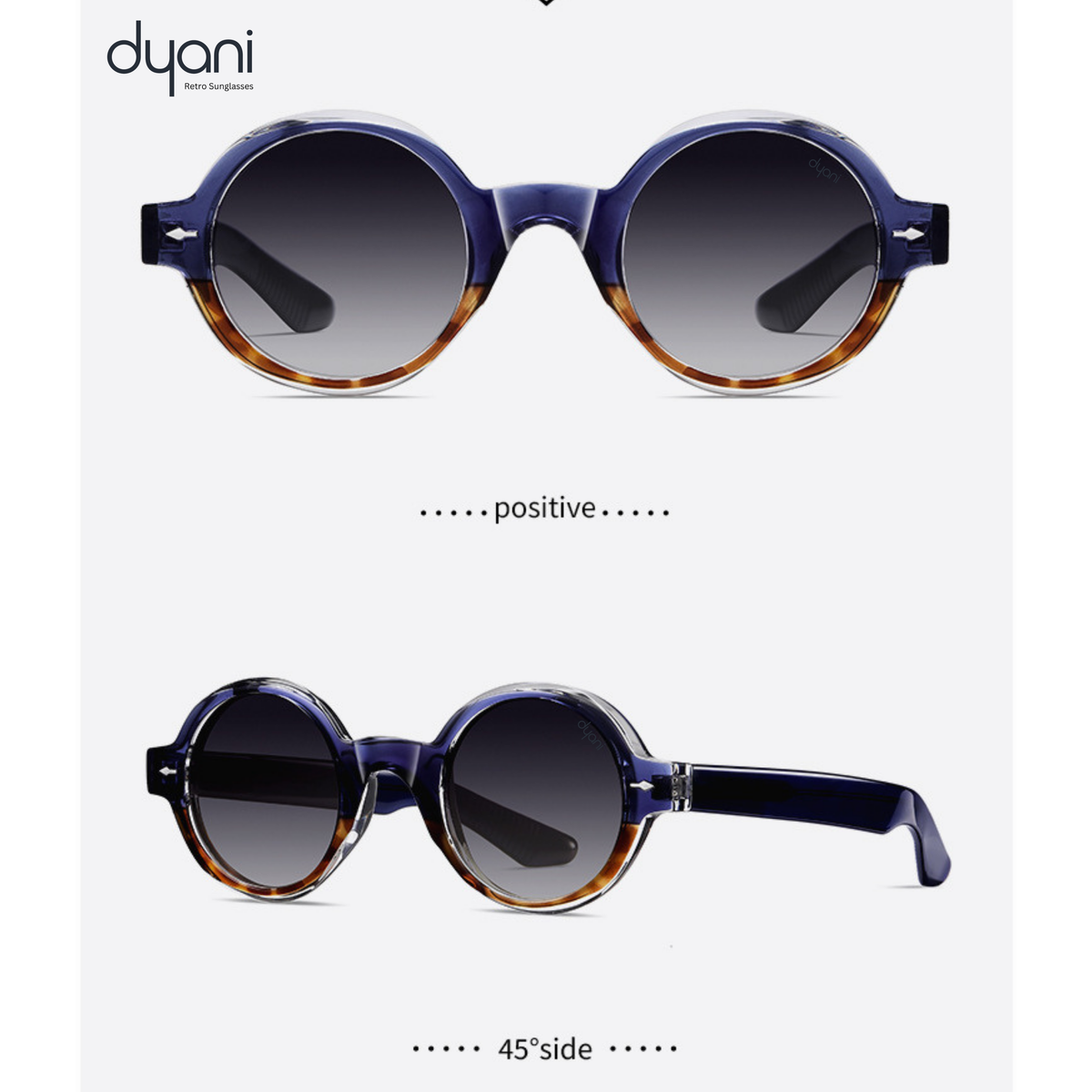 Round "The Joplin" sunglasses with keyhole bridge and tortoiseshell temples by Dyani, shown from front and side angles.