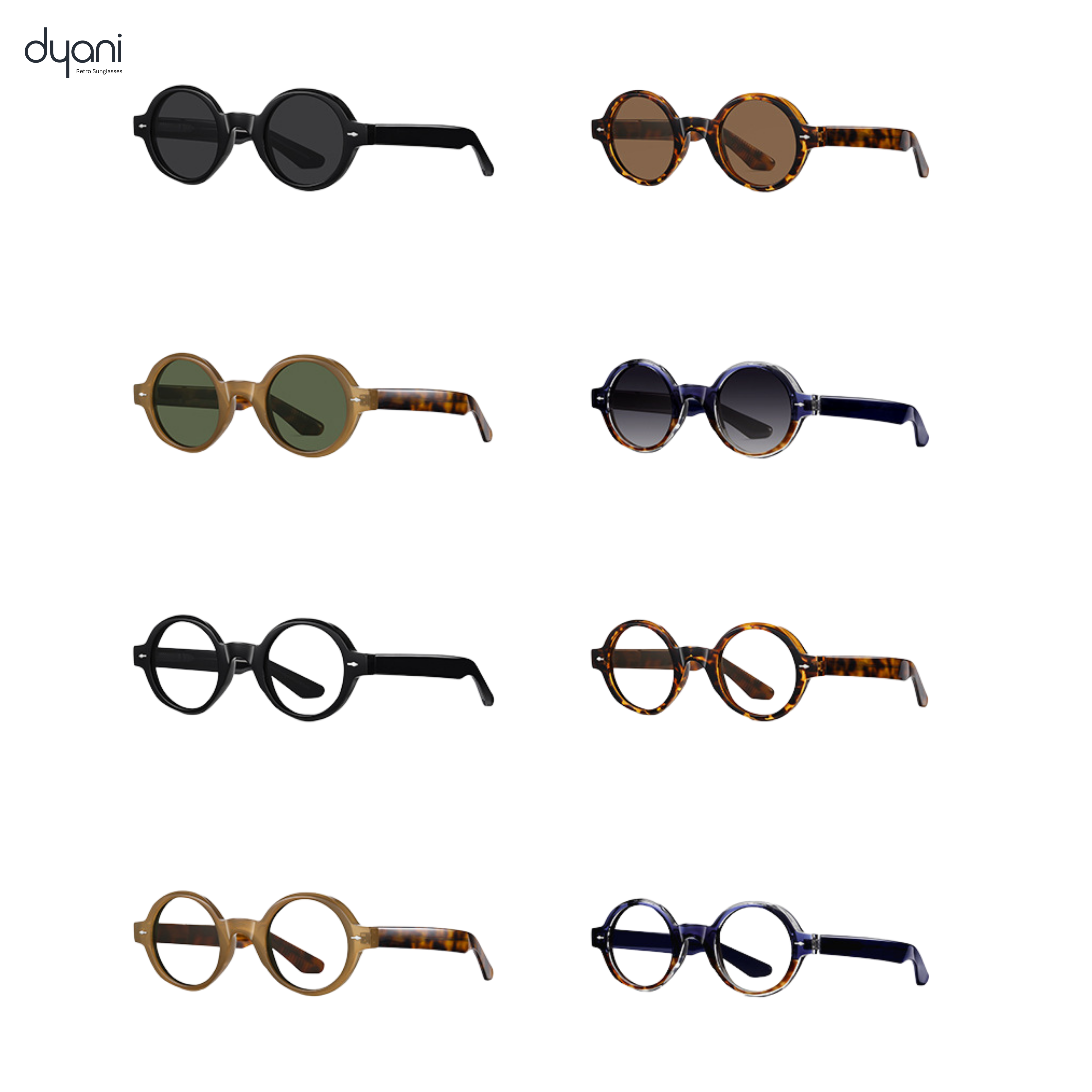 Collection of "The Joplin" round eyeglasses in various colors and tortoiseshell patterns, featuring keyhole bridge design by Dyani.