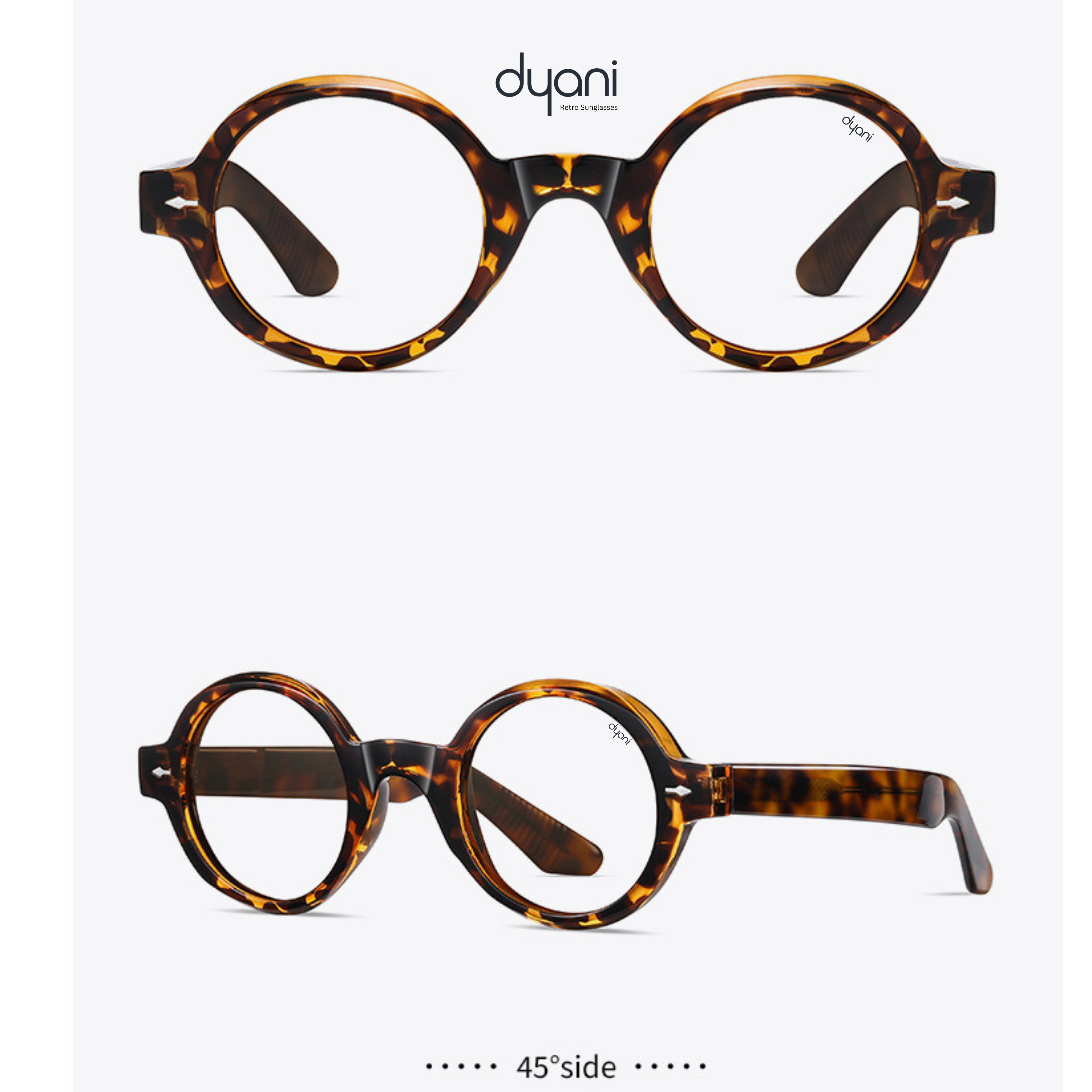 Round tortoiseshell eyeglasses with keyhole bridge, 45-degree side view, lightweight acetate construction, unisex retro style.