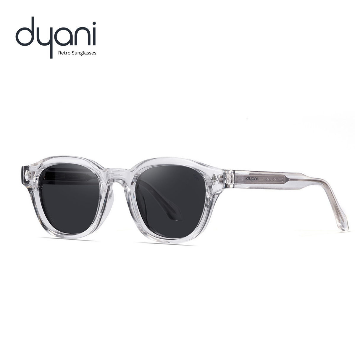 Clear retro sunglasses with black lenses on a white background, featuring the Dyani brand.