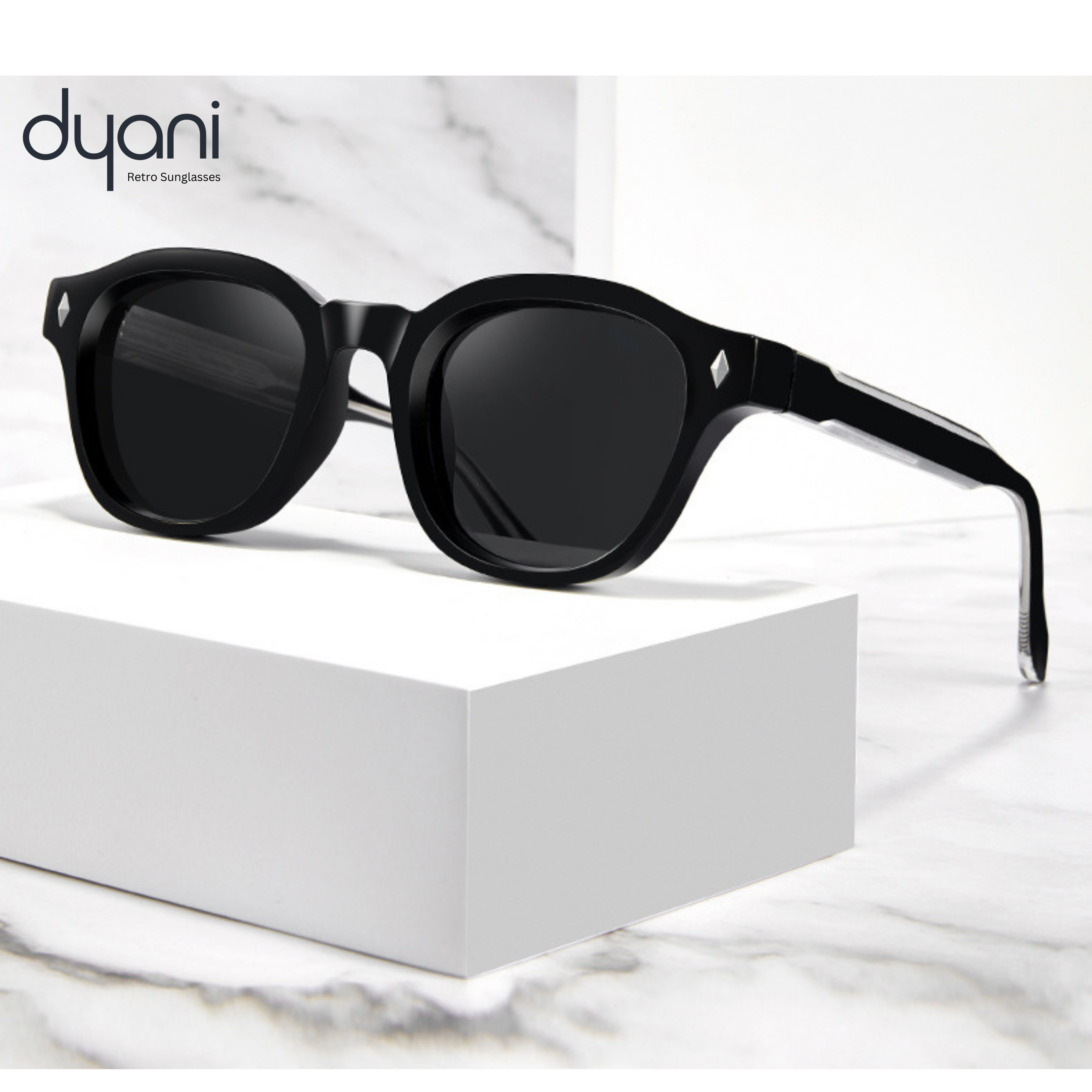 Mercer retro sunglasses with rounded frame and keyhole bridge on a marble surface, by dyani.