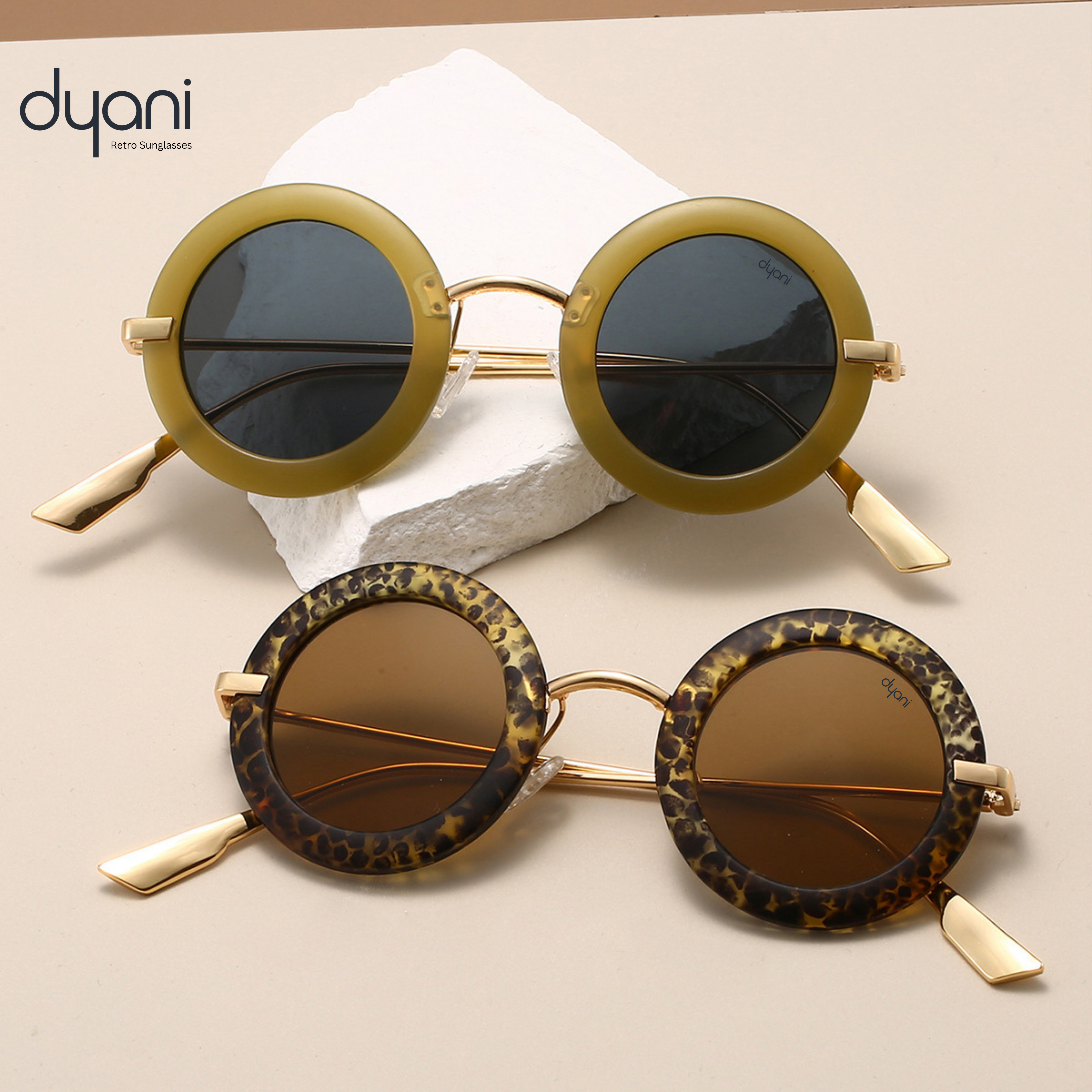 Solaris round-frame sunglasses with vintage design, featuring vibrant lenses and bold rims, styled on a neutral background.