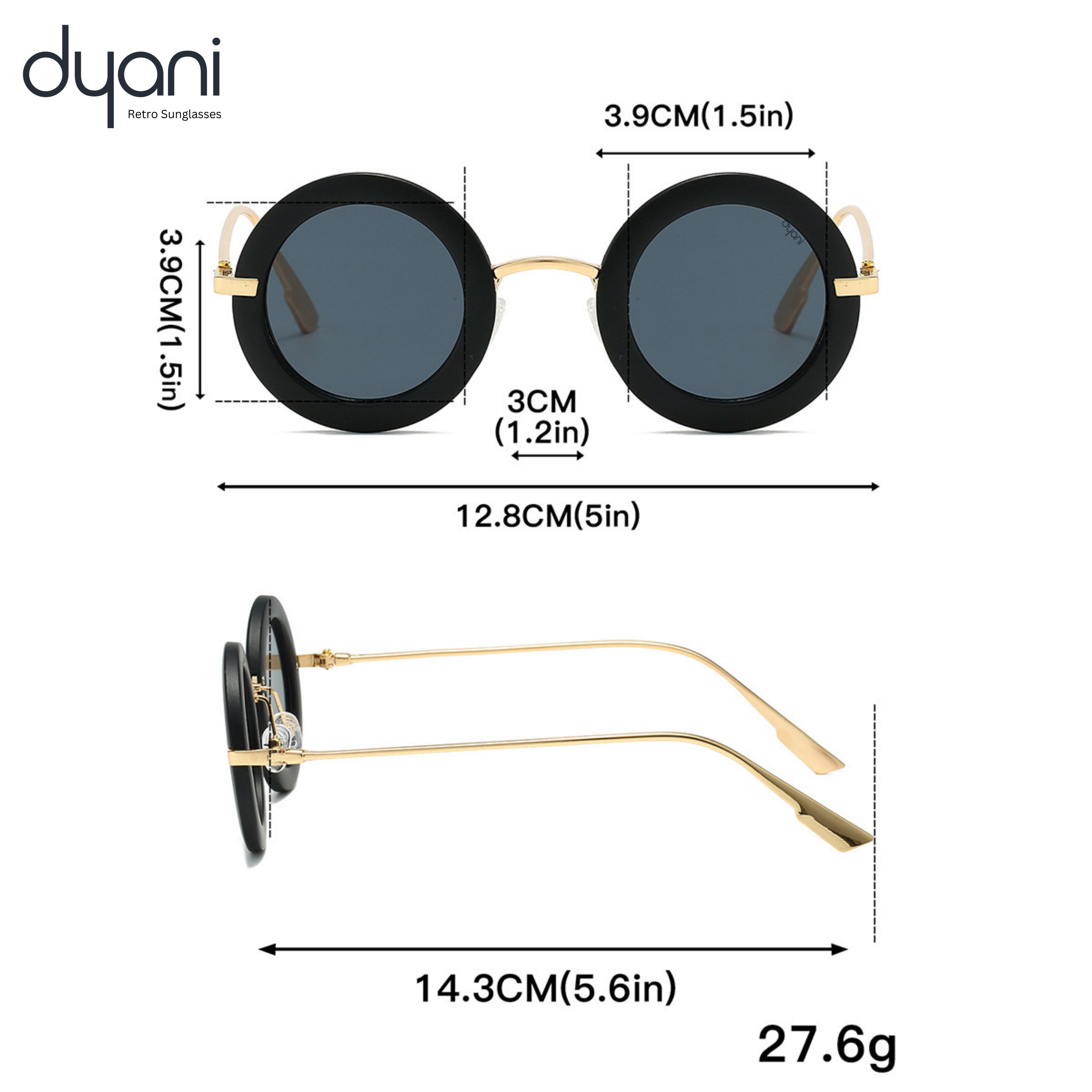 Dyani Solaris sunglasses with round-frame design, size measurements, and black lenses with gold metal arms.