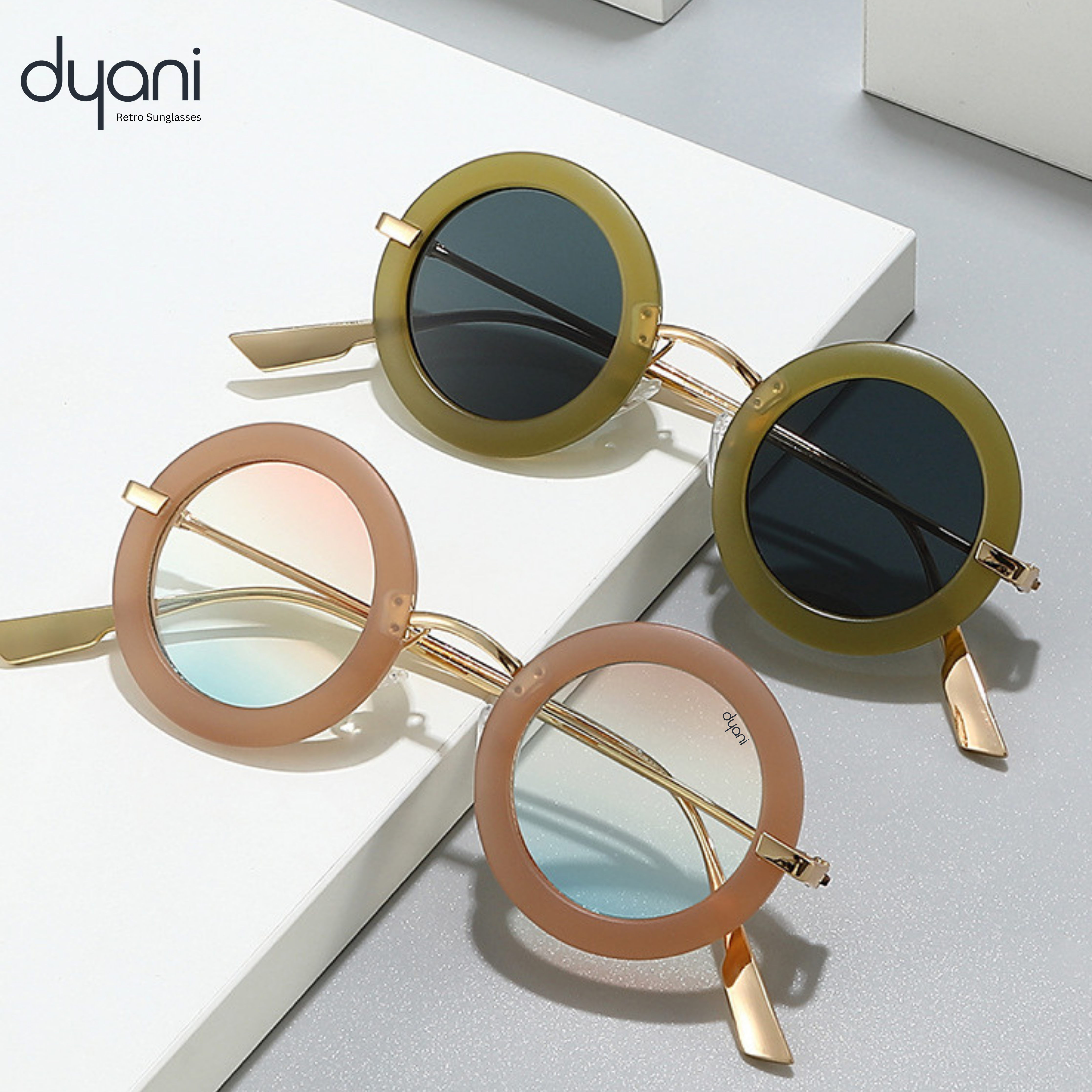 Round-frame Solaris sunglasses with bold retro design and sleek metal arms, featuring vibrant colored lenses.
