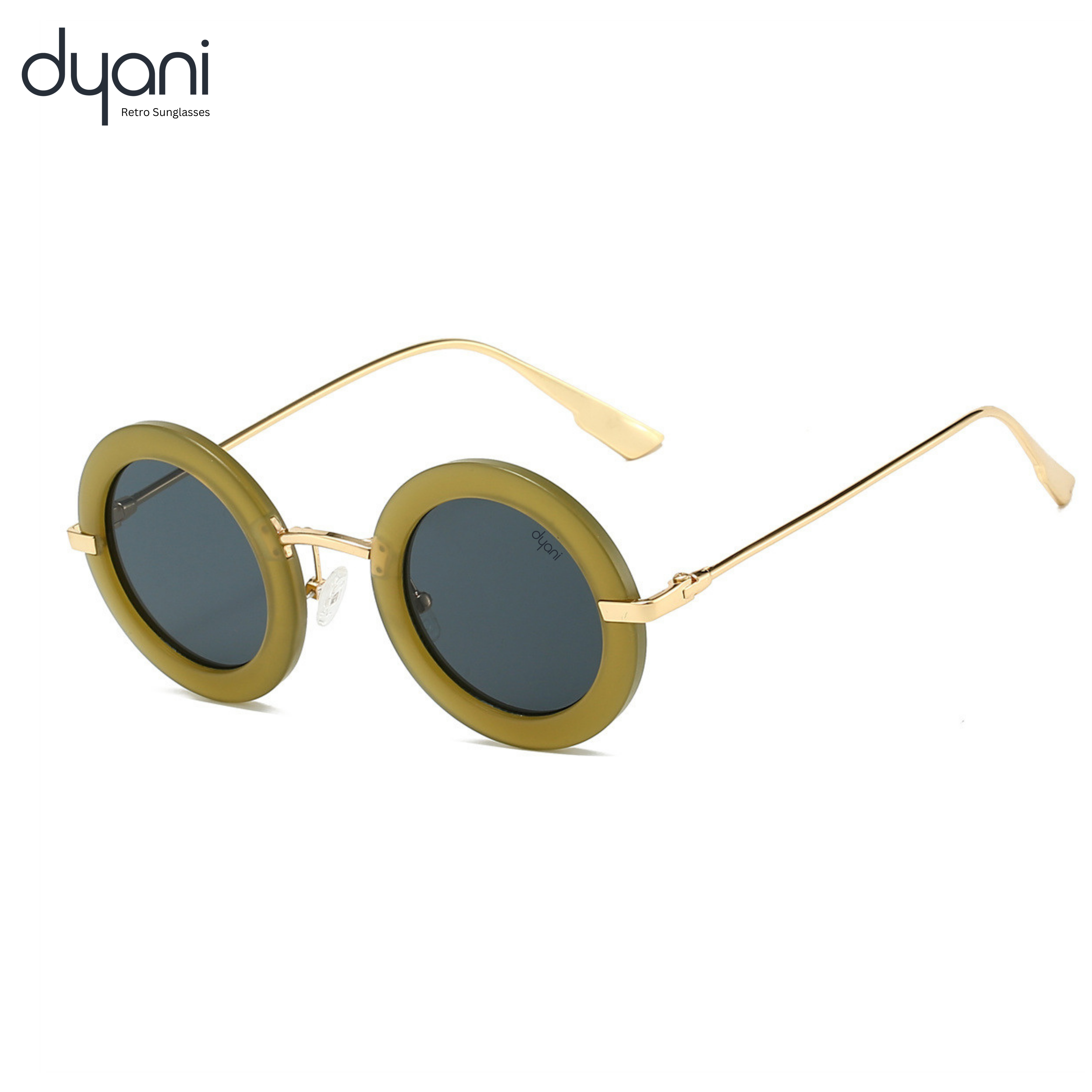 Round-frame Solaris sunglasses with bold lenses and sleek metal arms, retro style statement piece by Dyani.