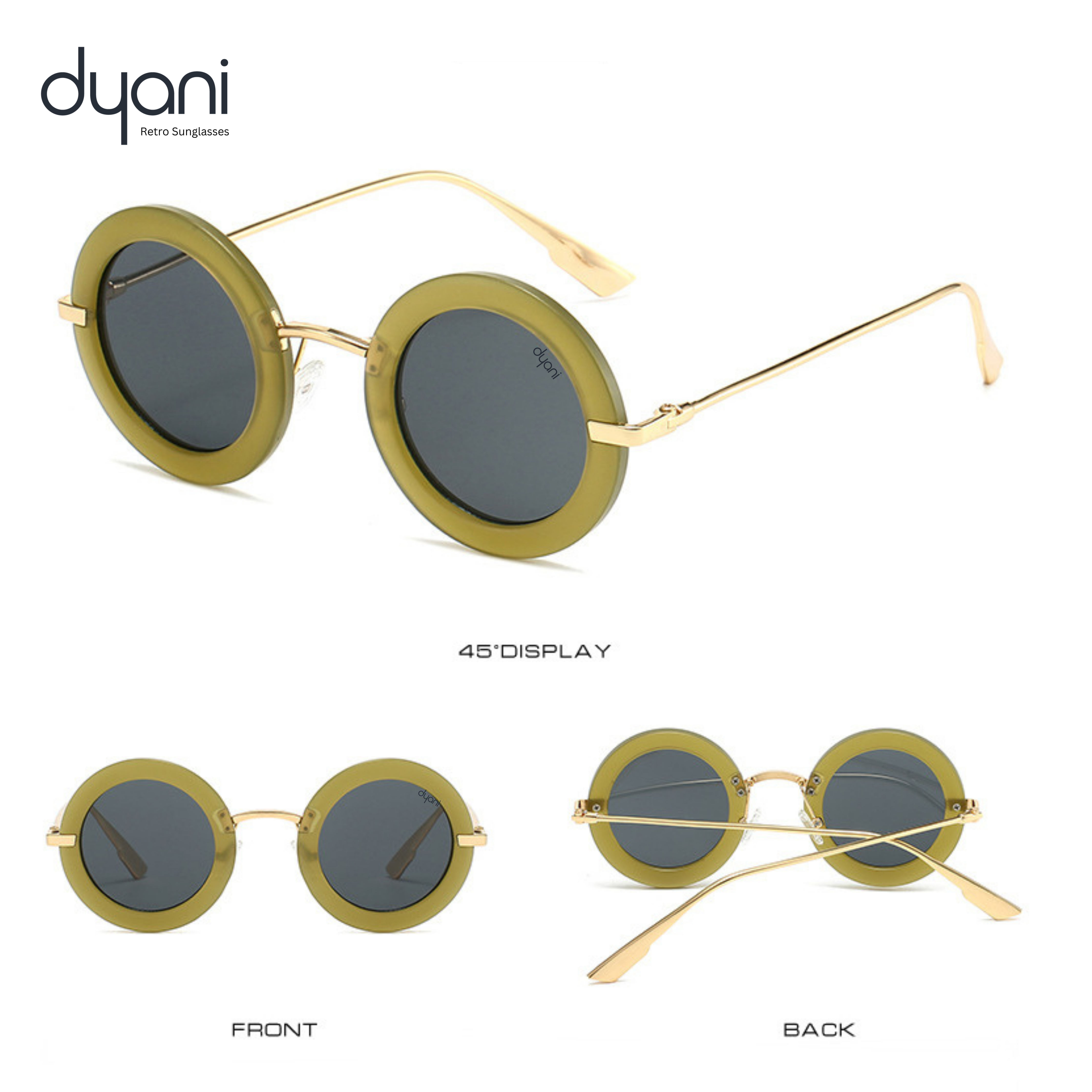 Solaris round-frame sunglasses with vintage retro style, featuring striking circular lenses and sleek metal arms in multiple views.