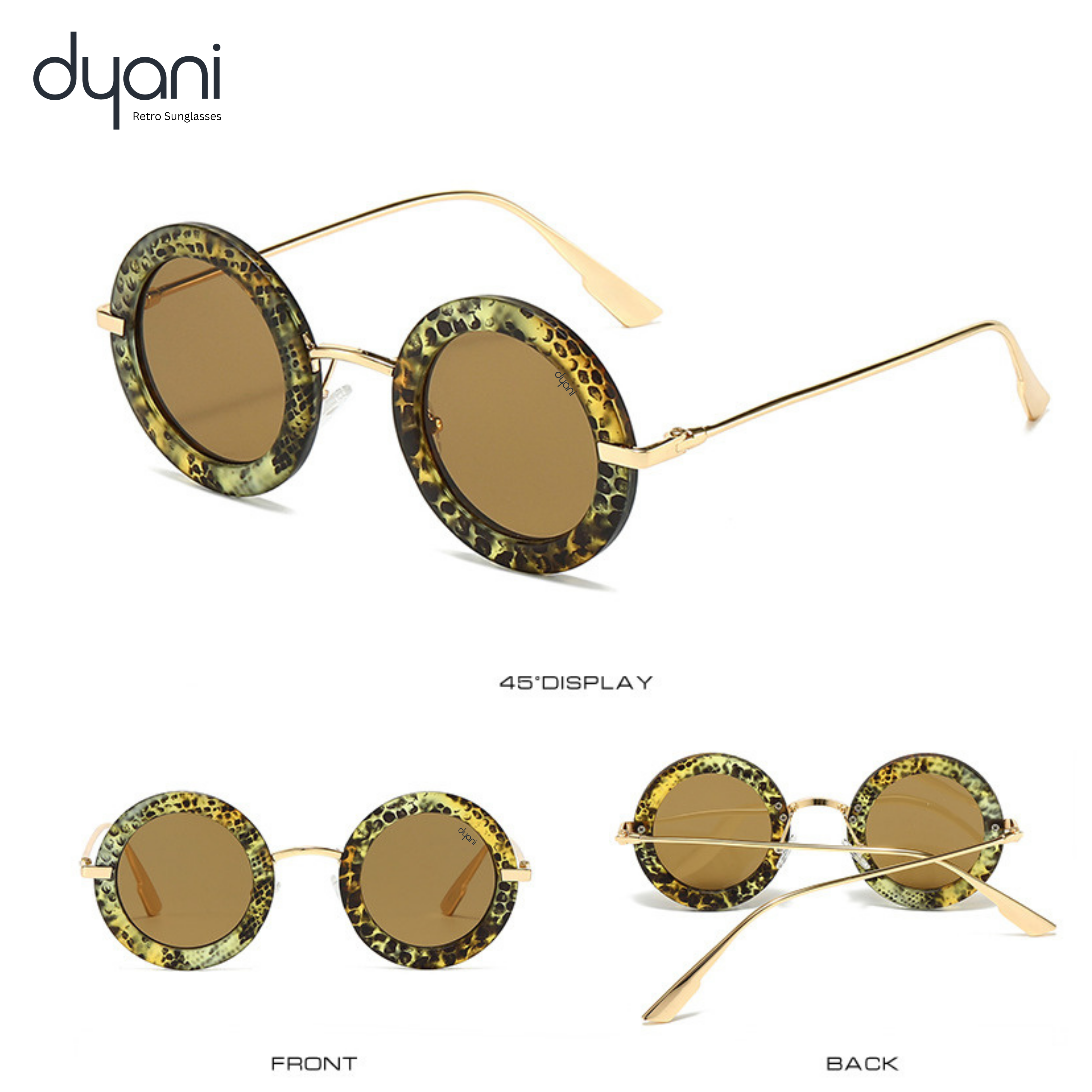 Solaris round-frame sunglasses with orange lenses, thick contrast rim, and sleek metal arms by Dyani, showcasing vintage-modern style.